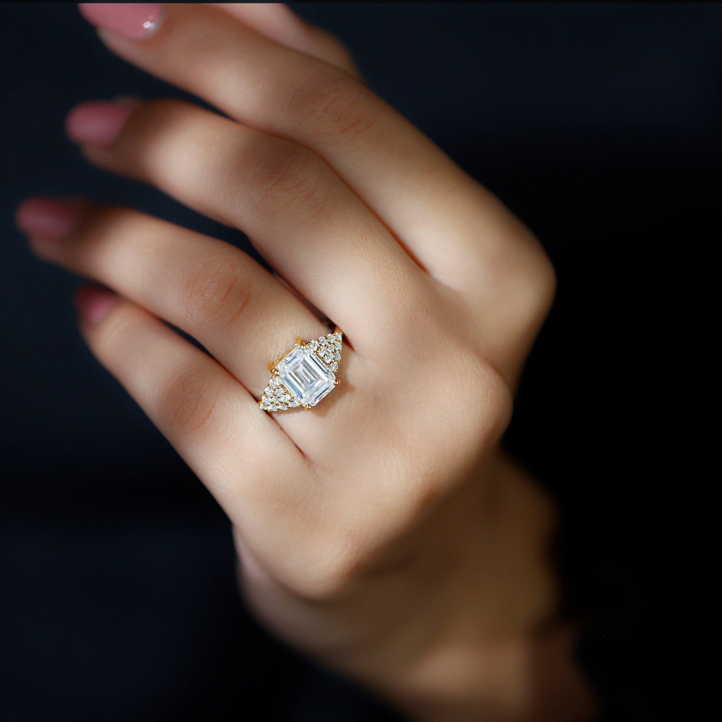 Certified Moissanite Emerald Cut Engagement Ring with Cluster Stones