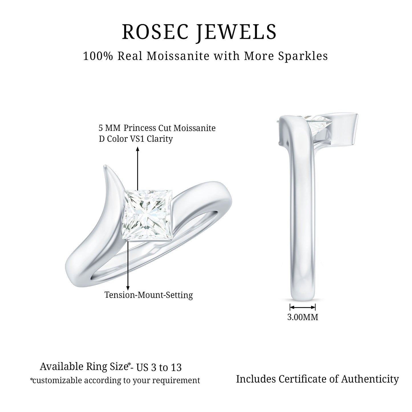 0.7 Carat Princess Cut Moissanite Solitaire Ring in Tension Setting