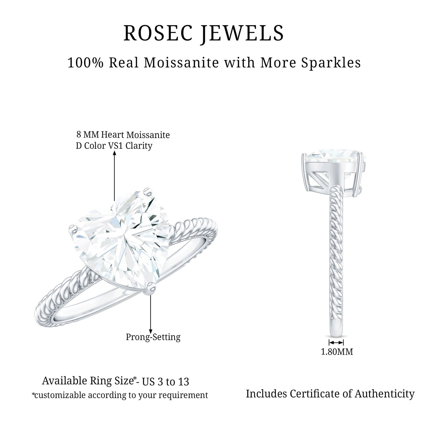 2 Carat Moissanite Engagement Ring with Twisted Rope Shank