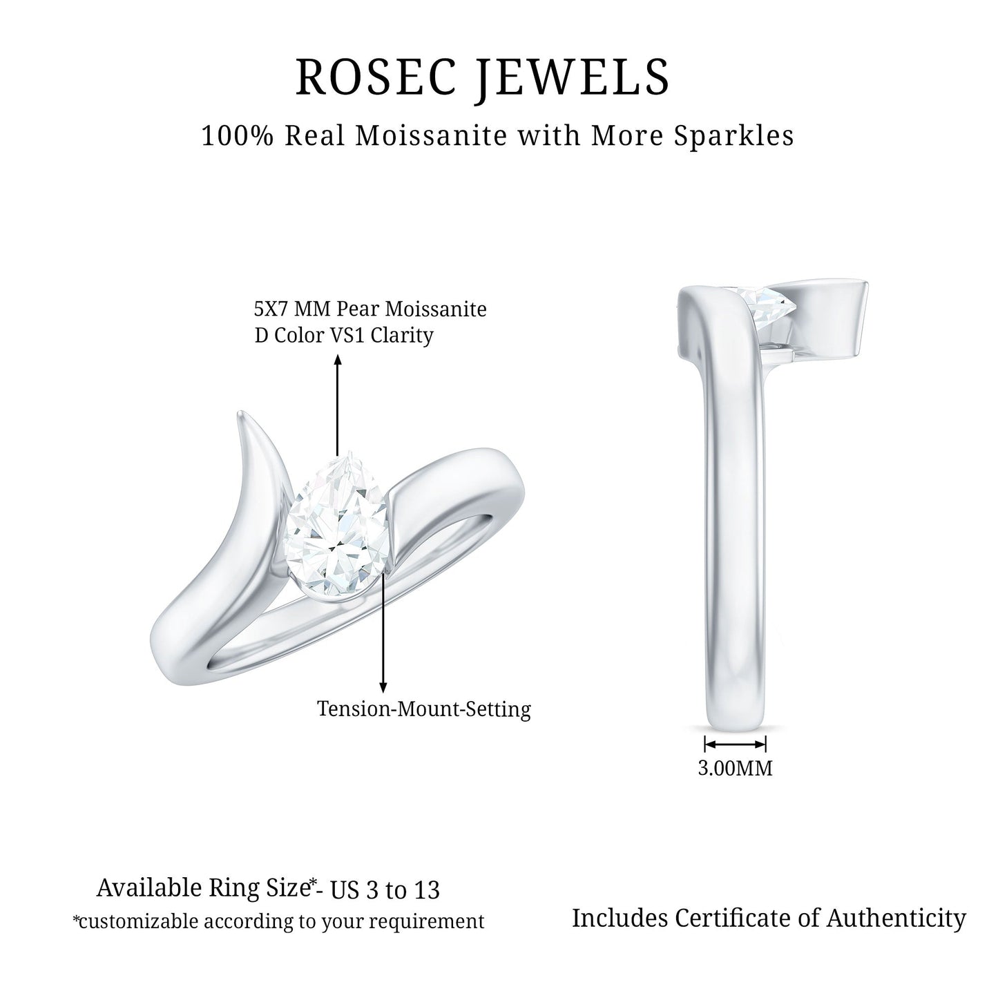 0.7 Carat Pear Cut Moissanite Solitaire Ring with Bypass Shank