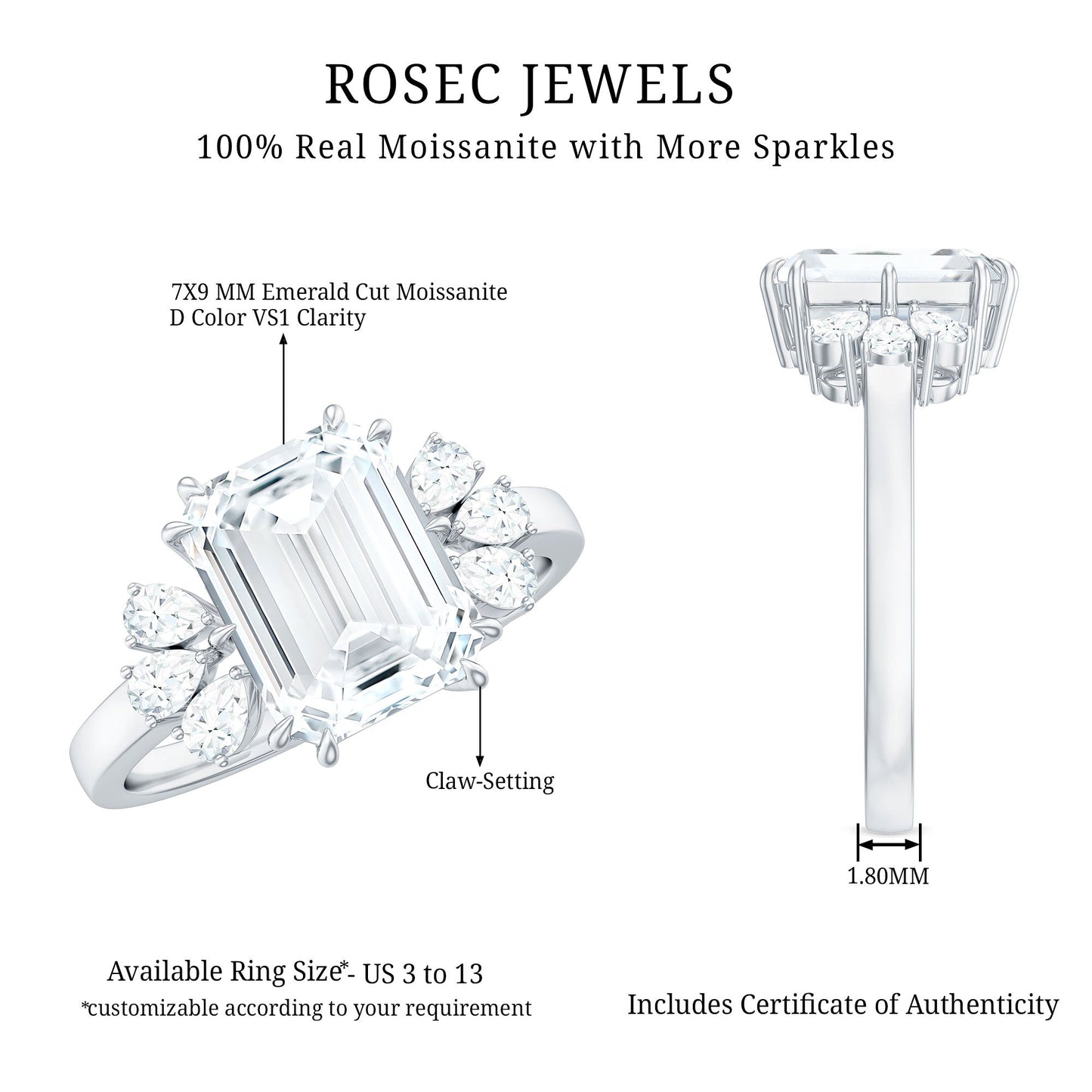 2.8 Carat Emerald Cut Moissanite Solitaire Engagement Ring For Women