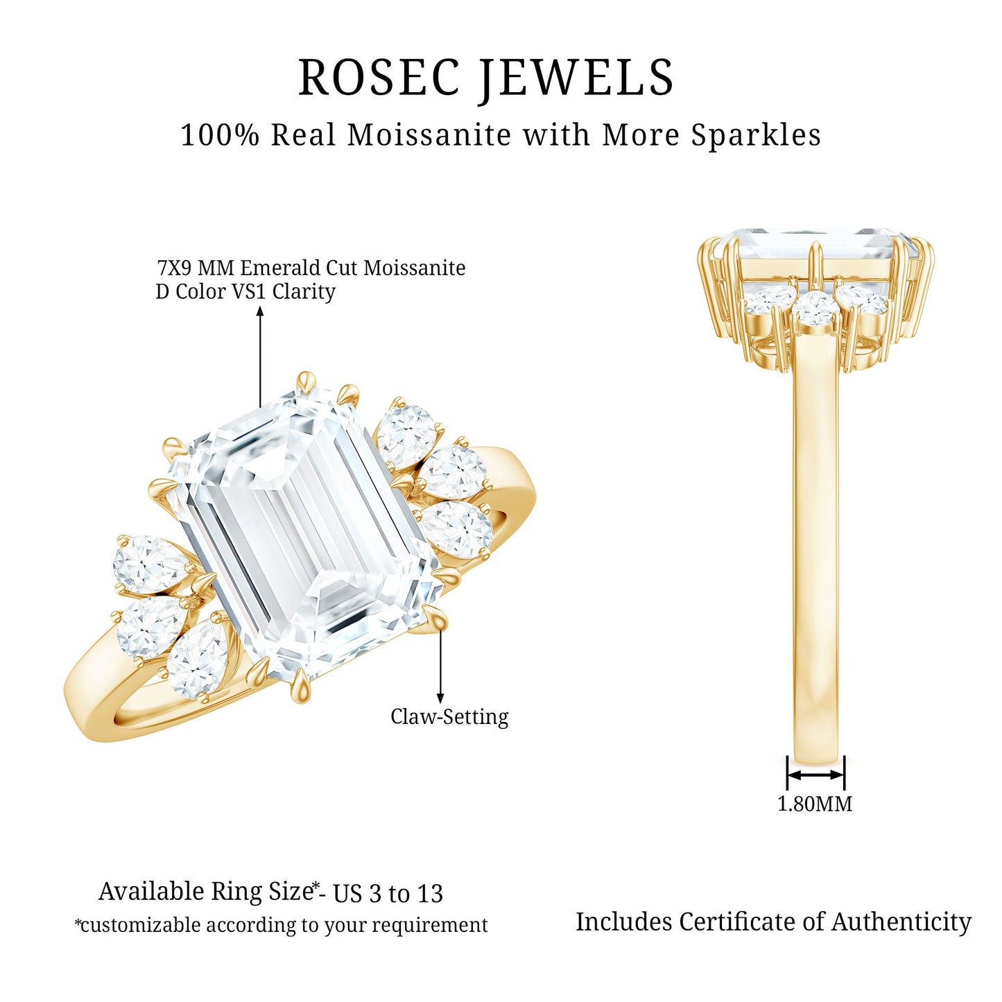 2.8 Carat Emerald Cut Moissanite Solitaire Engagement Ring For Women