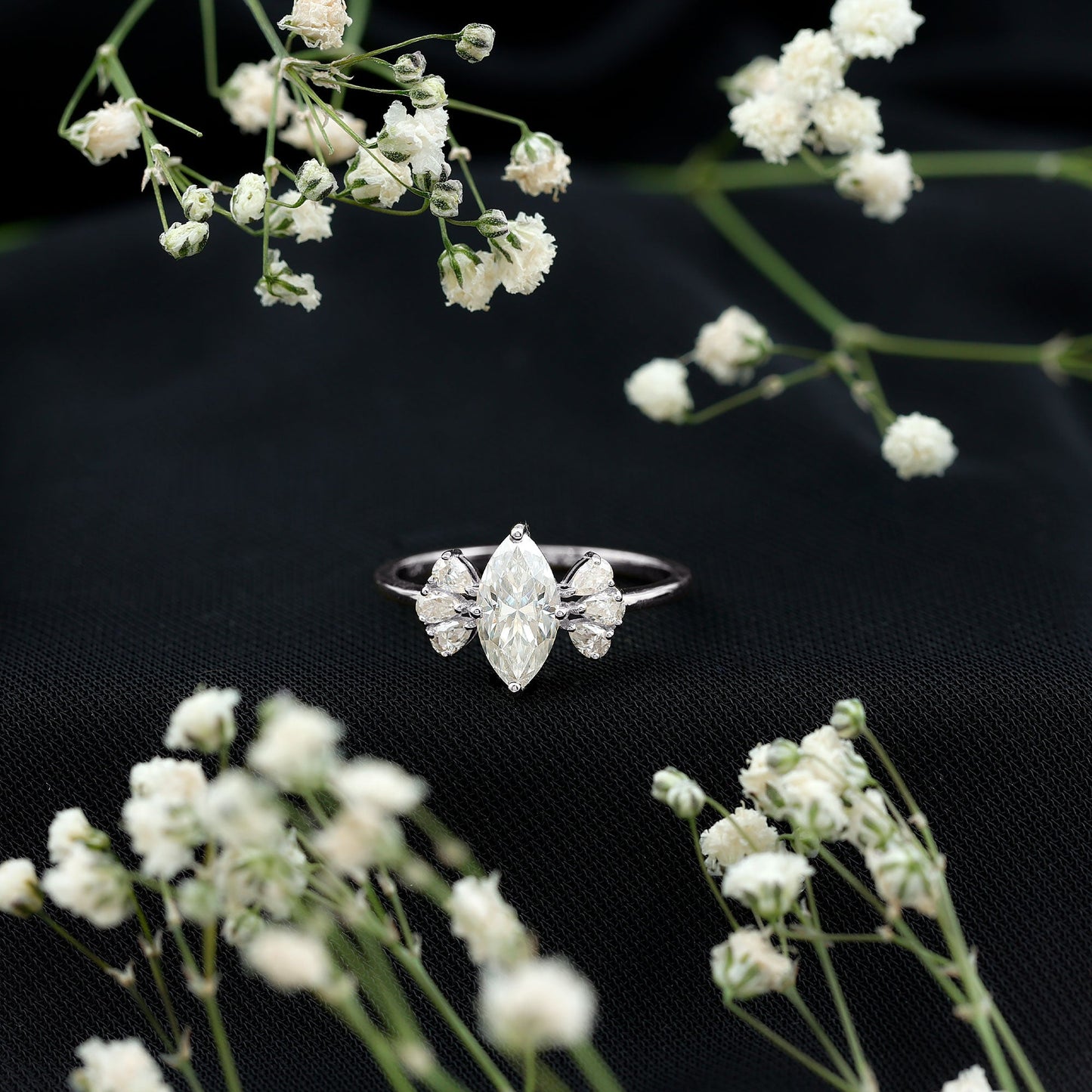 Marquise Cut Moissanite Engagement Ring with Trio