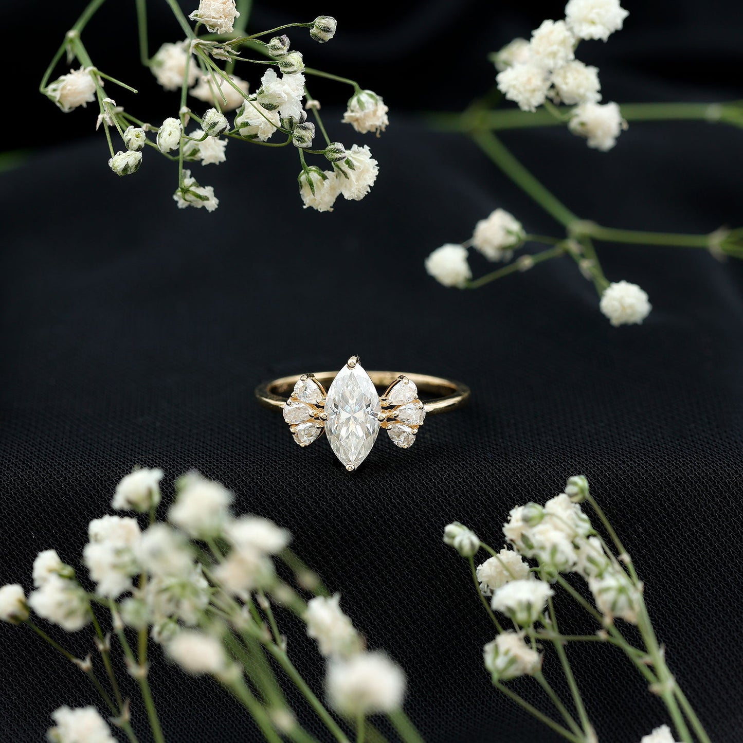 Marquise Cut Moissanite Engagement Ring with Trio
