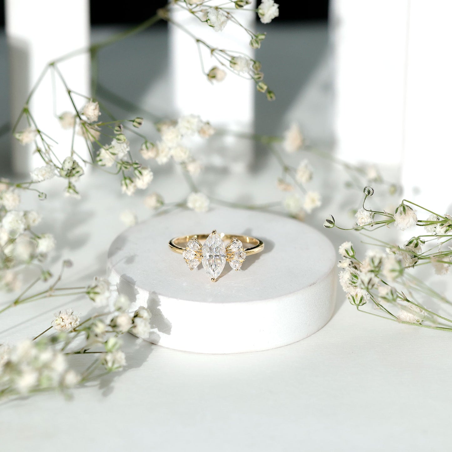 Marquise Cut Moissanite Engagement Ring with Trio