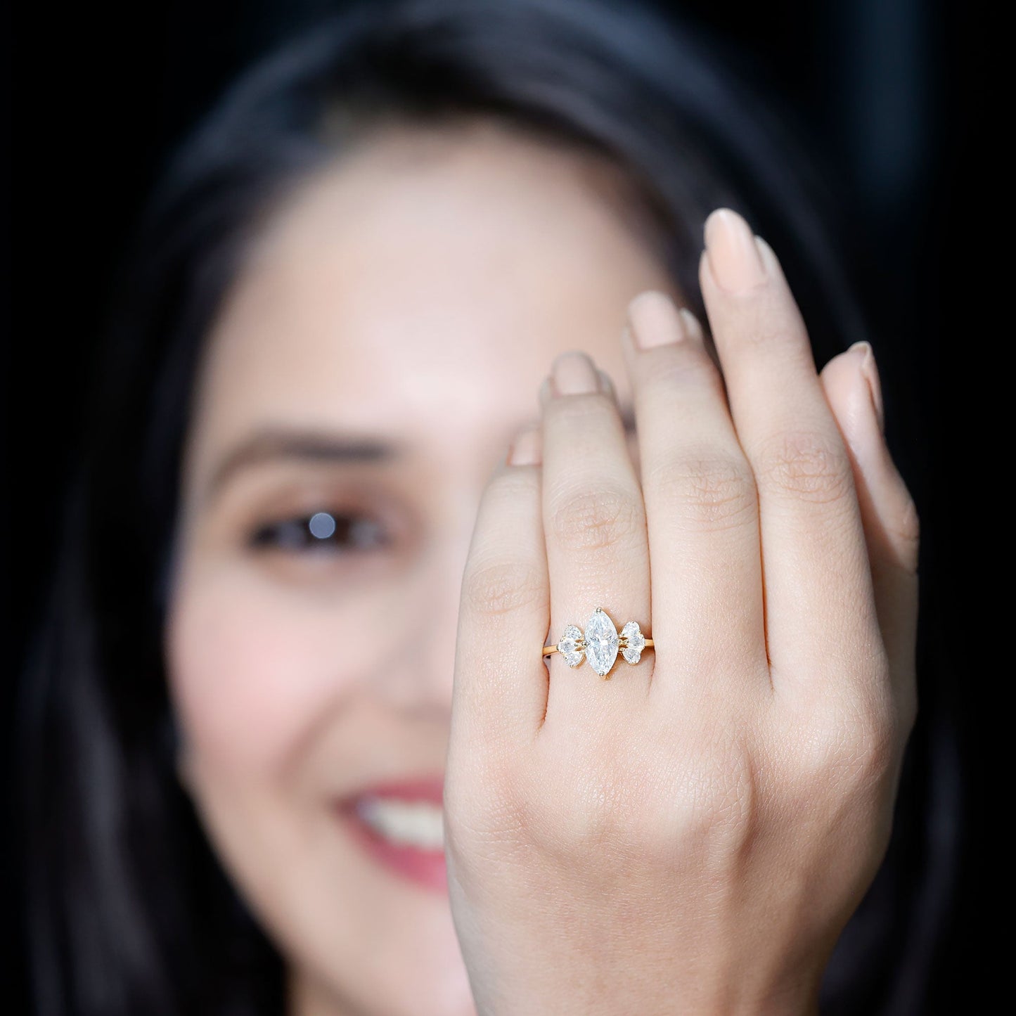 Marquise Cut Moissanite Engagement Ring with Trio