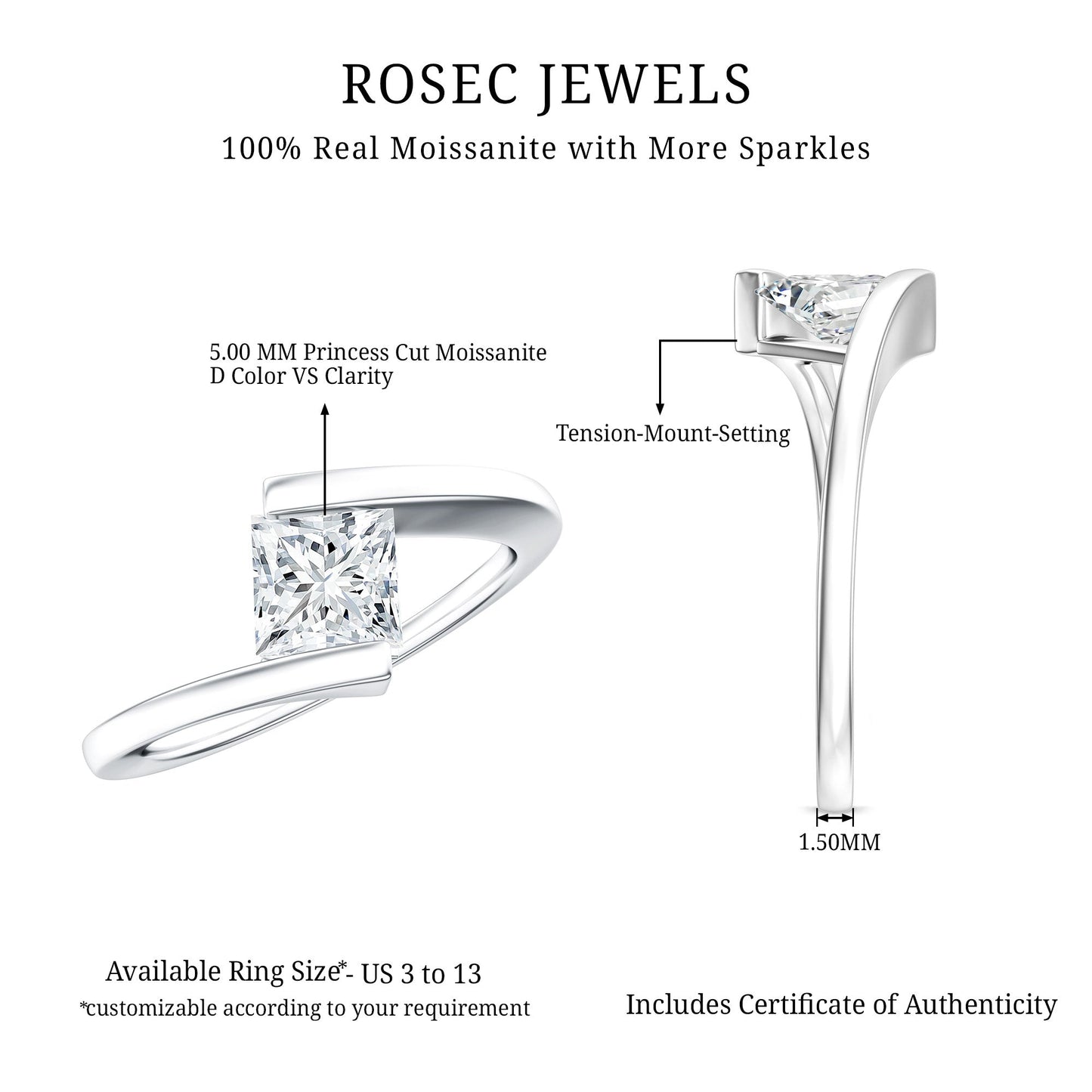 Classic Princess Cut Moissanite Solitaire Bypass Ring