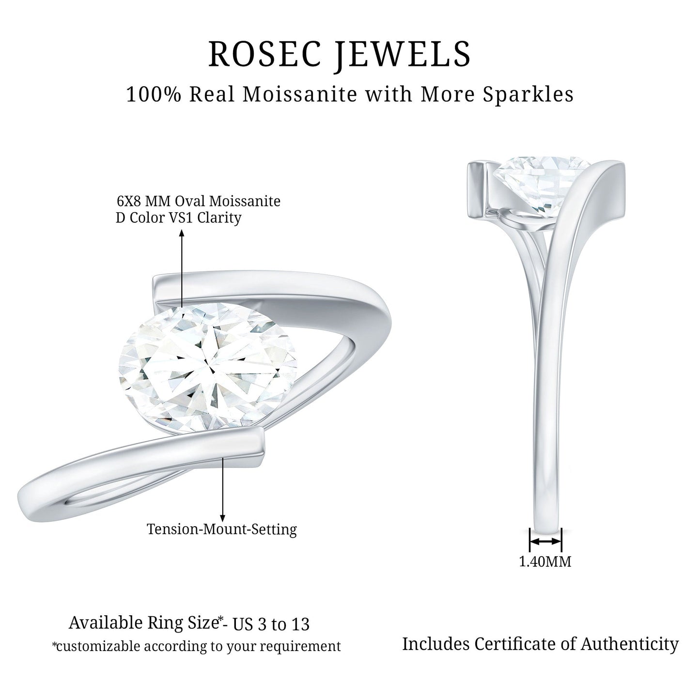 1.2 Carat Oval Moissanite Solitaire Engagement Ring with Bypass Shank