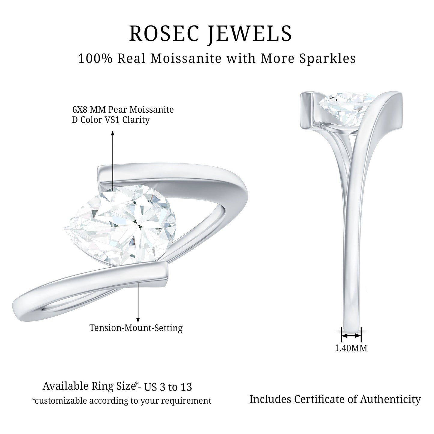 1.3 Carat Pear Cut Moissanite Engagement Ring In Tension Setting