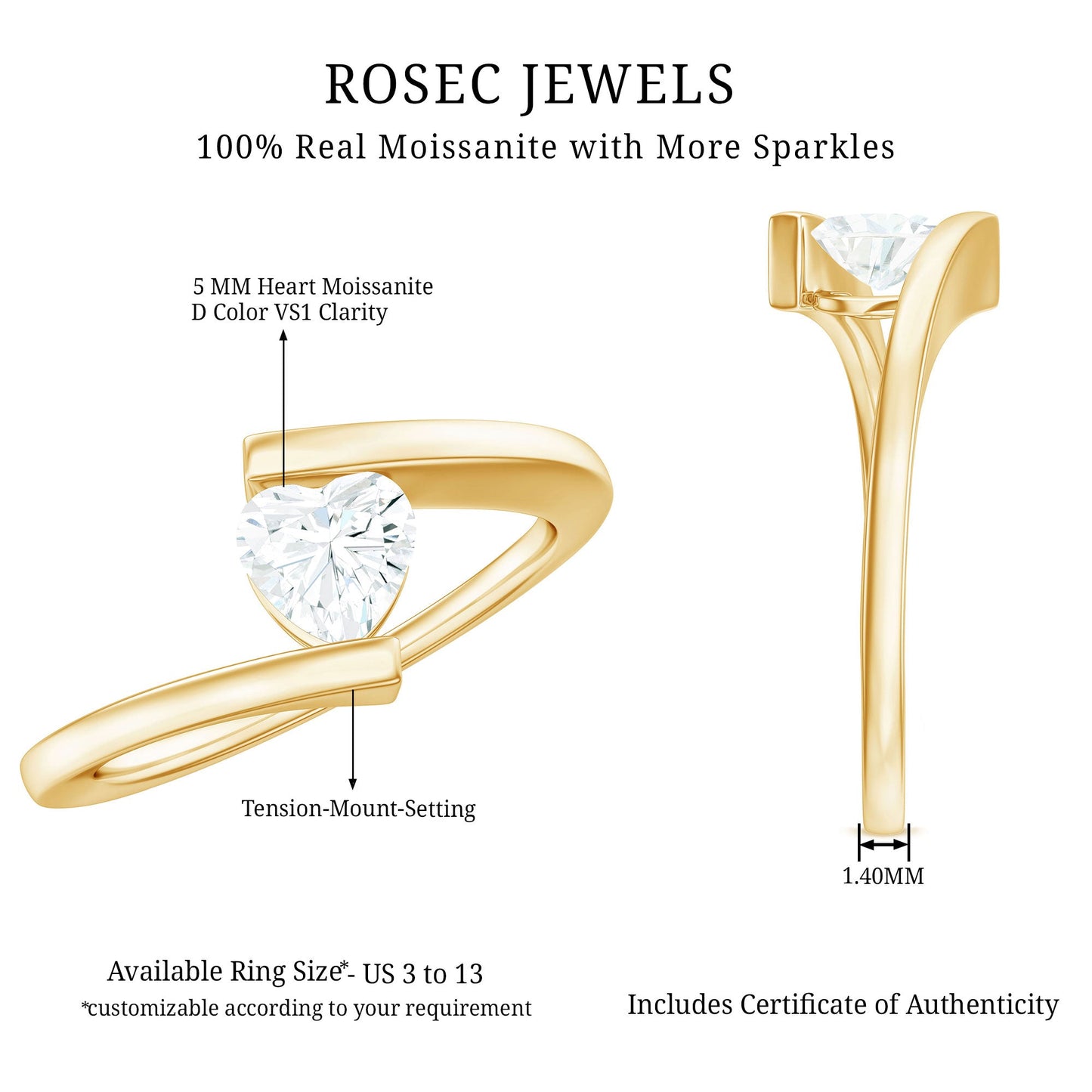 0.5 Carat Heart Moissanite Solitaire Promise Ring with Bypass Shank