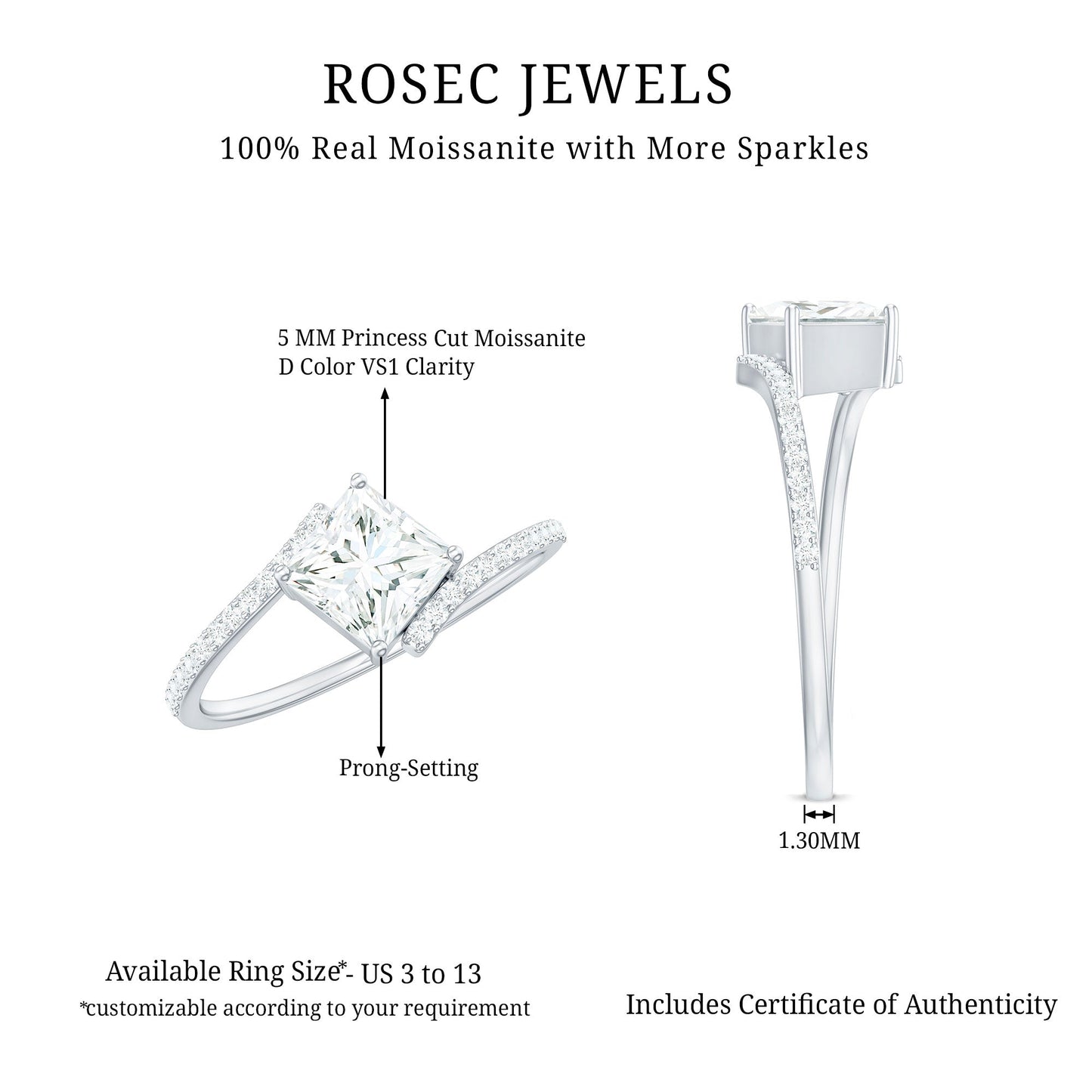 Certified Princess Cut Tilted Moissanite Solitaire Promise Ring