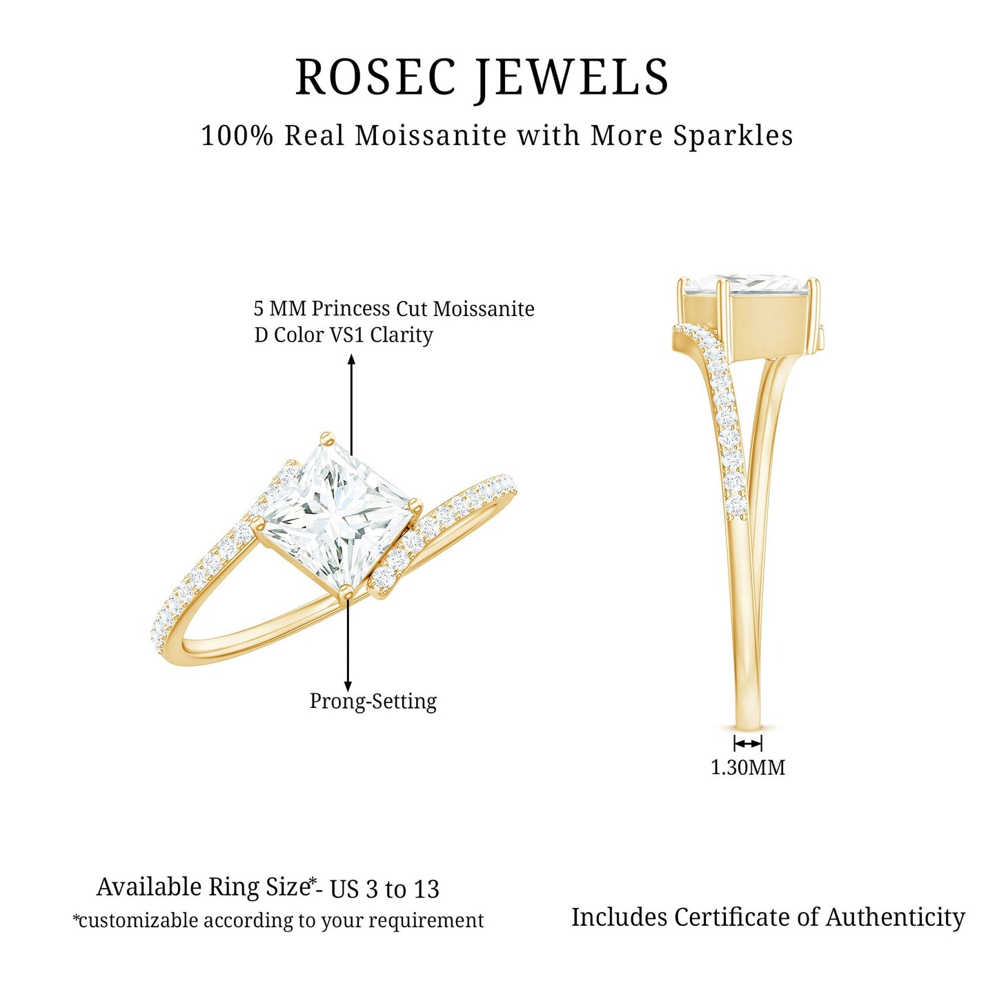 Certified Princess Cut Tilted Moissanite Solitaire Promise Ring