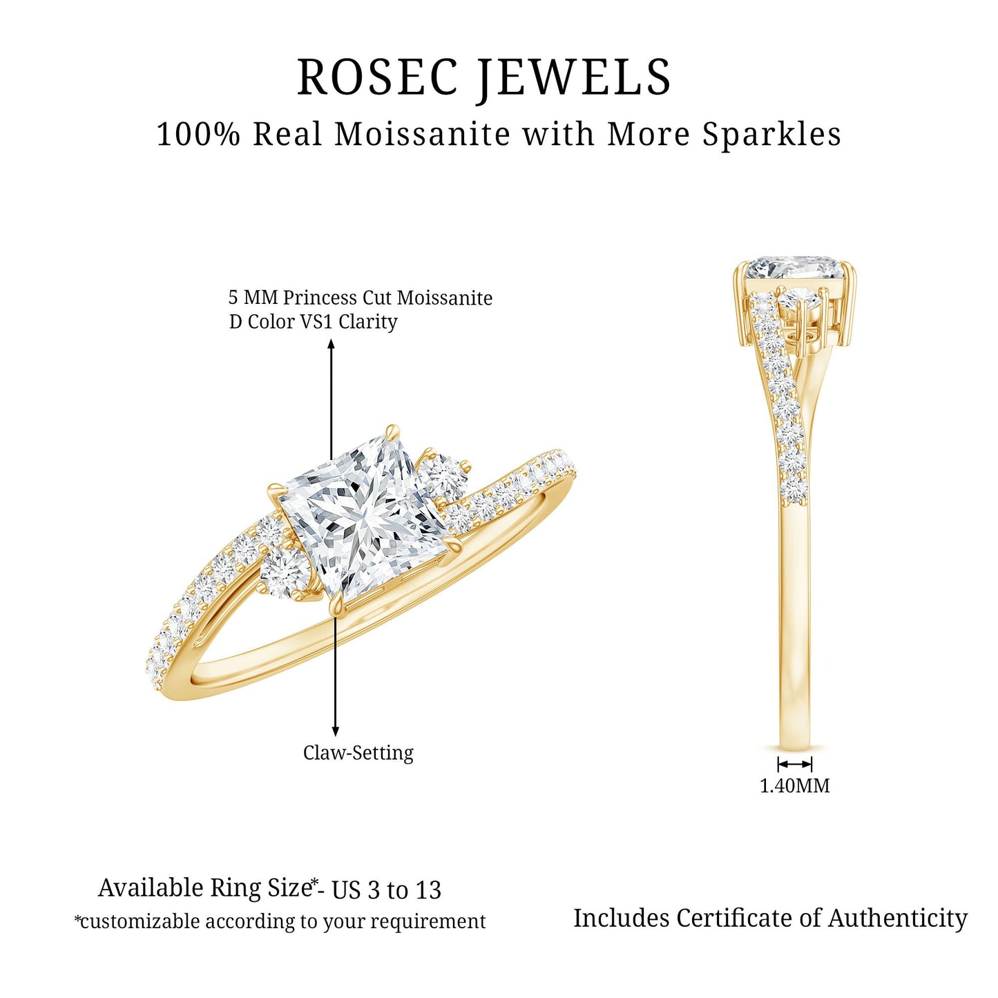 Princess Cut Moissanite Bypass Engagement Ring