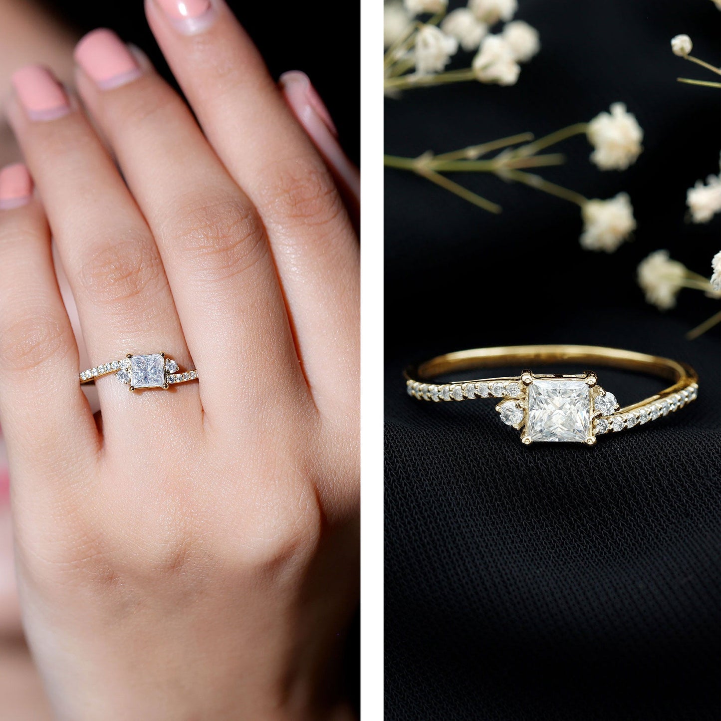 Princess Cut Moissanite Bypass Engagement Ring