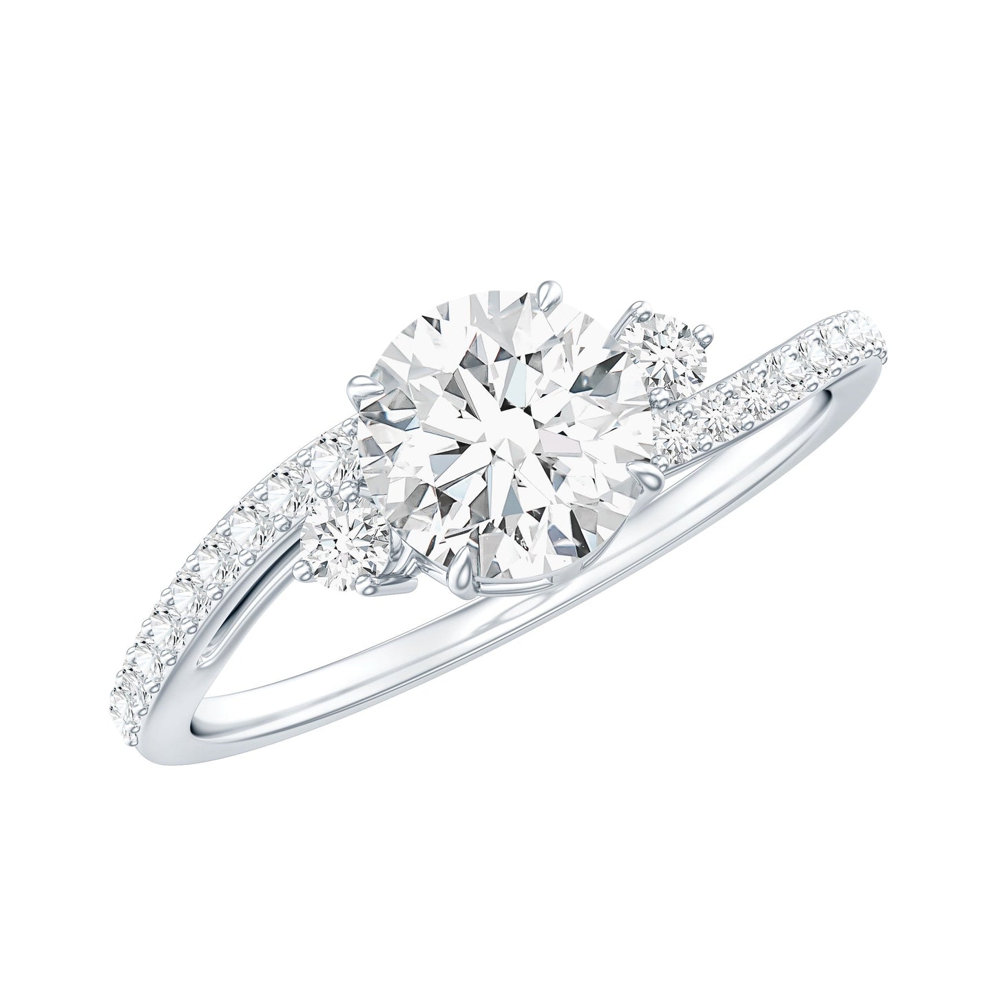 Round Shape Moissanite Bypass Engagement Ring with Side Stones