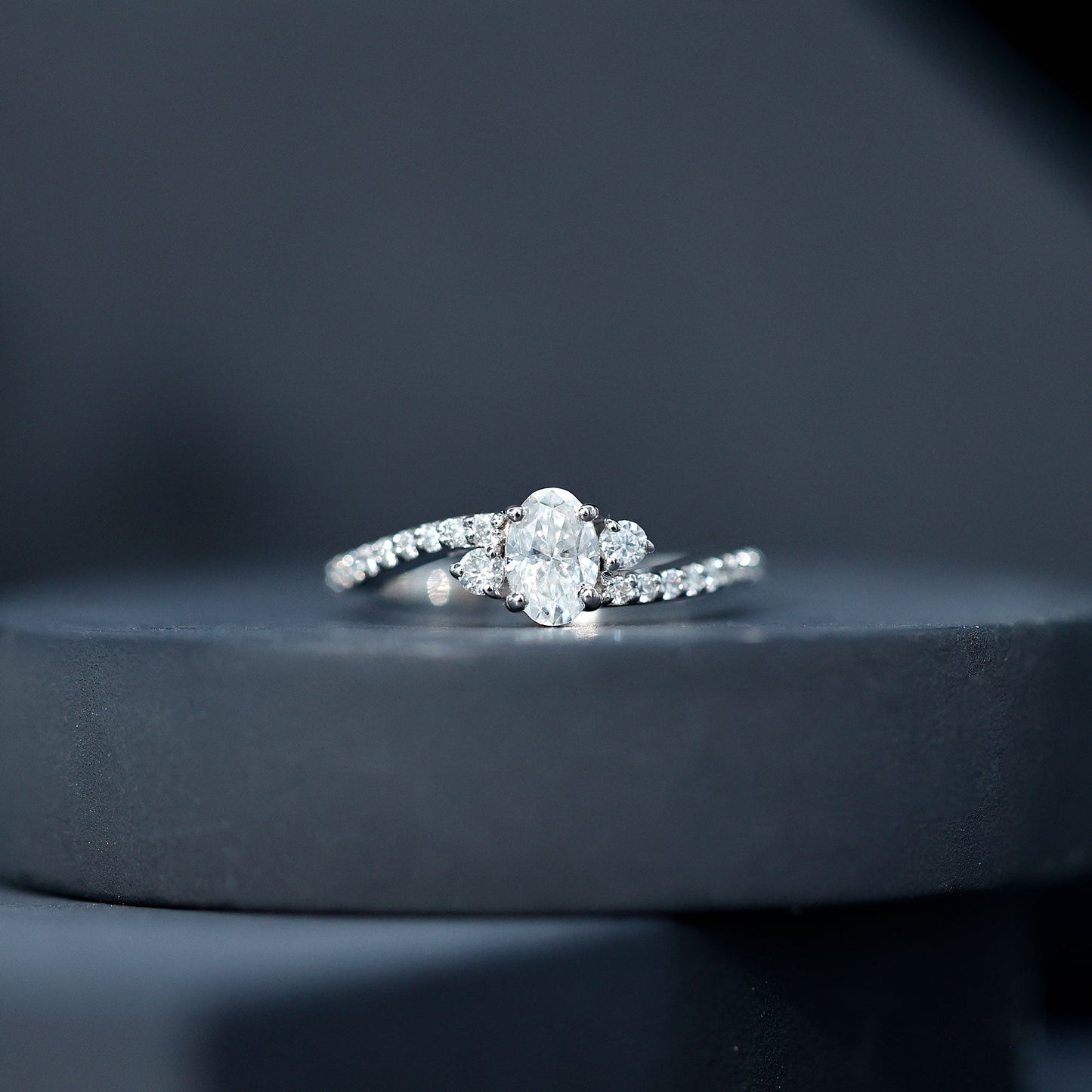Oval Moissanite Bypass Engagement Ring with Side Stones