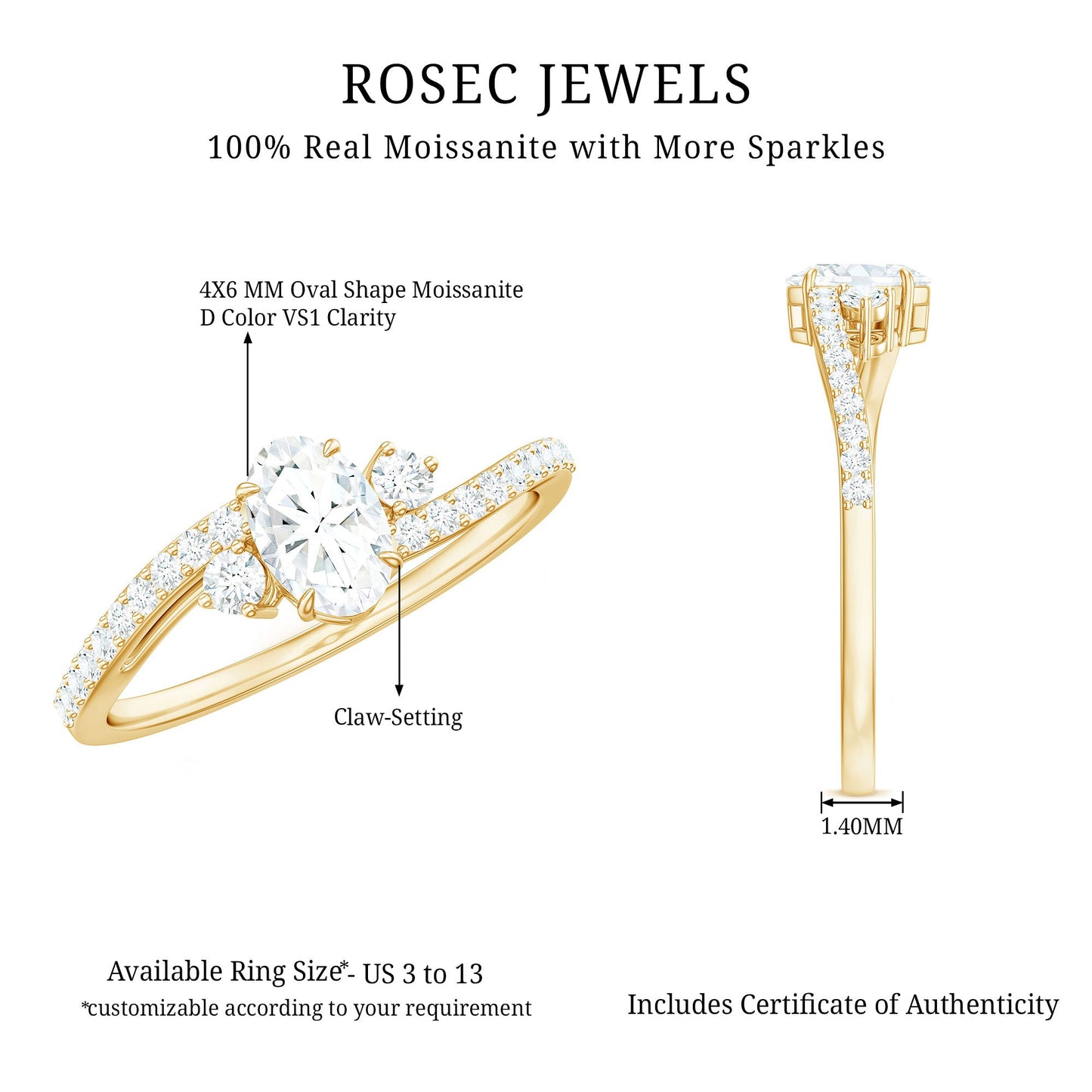 Oval Moissanite Bypass Engagement Ring with Side Stones
