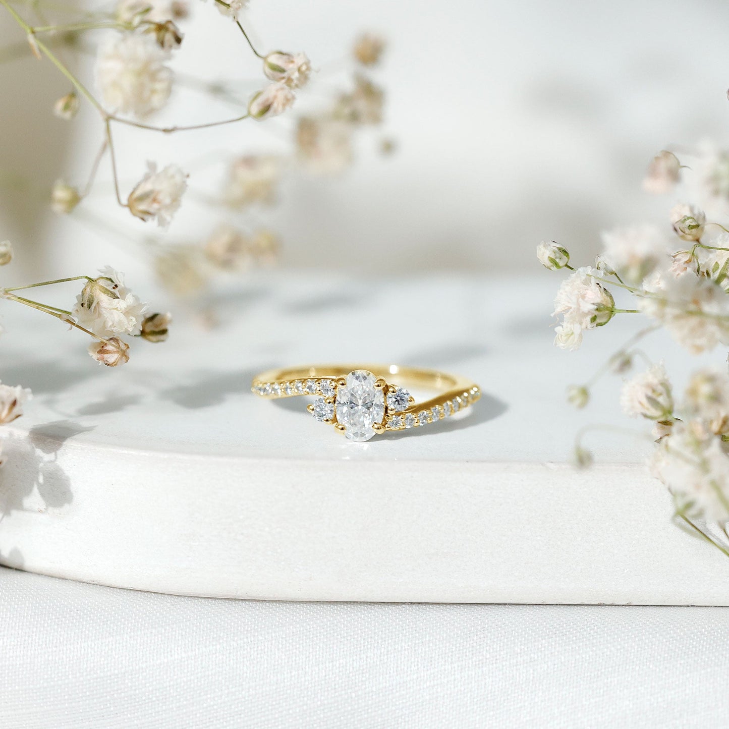 Oval Moissanite Bypass Engagement Ring with Side Stones