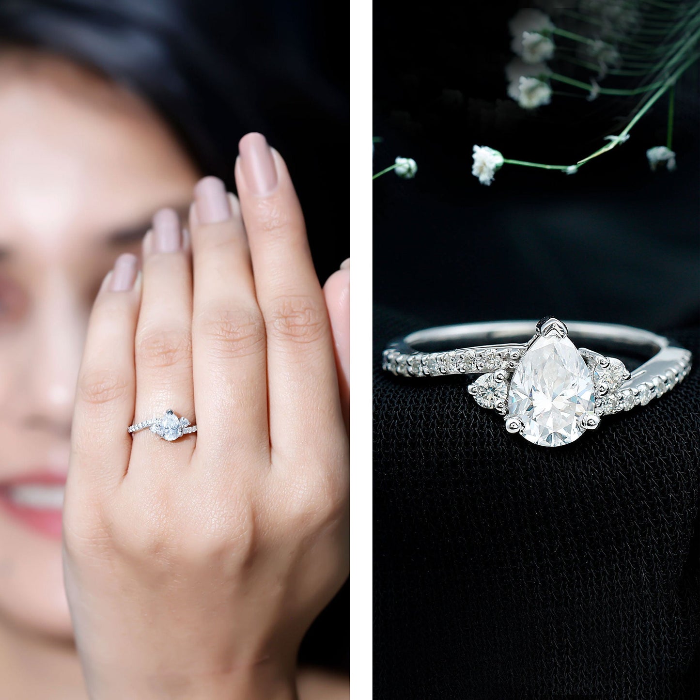 Pear Cut Moissanite Bypass Engagement Ring with Side Stones