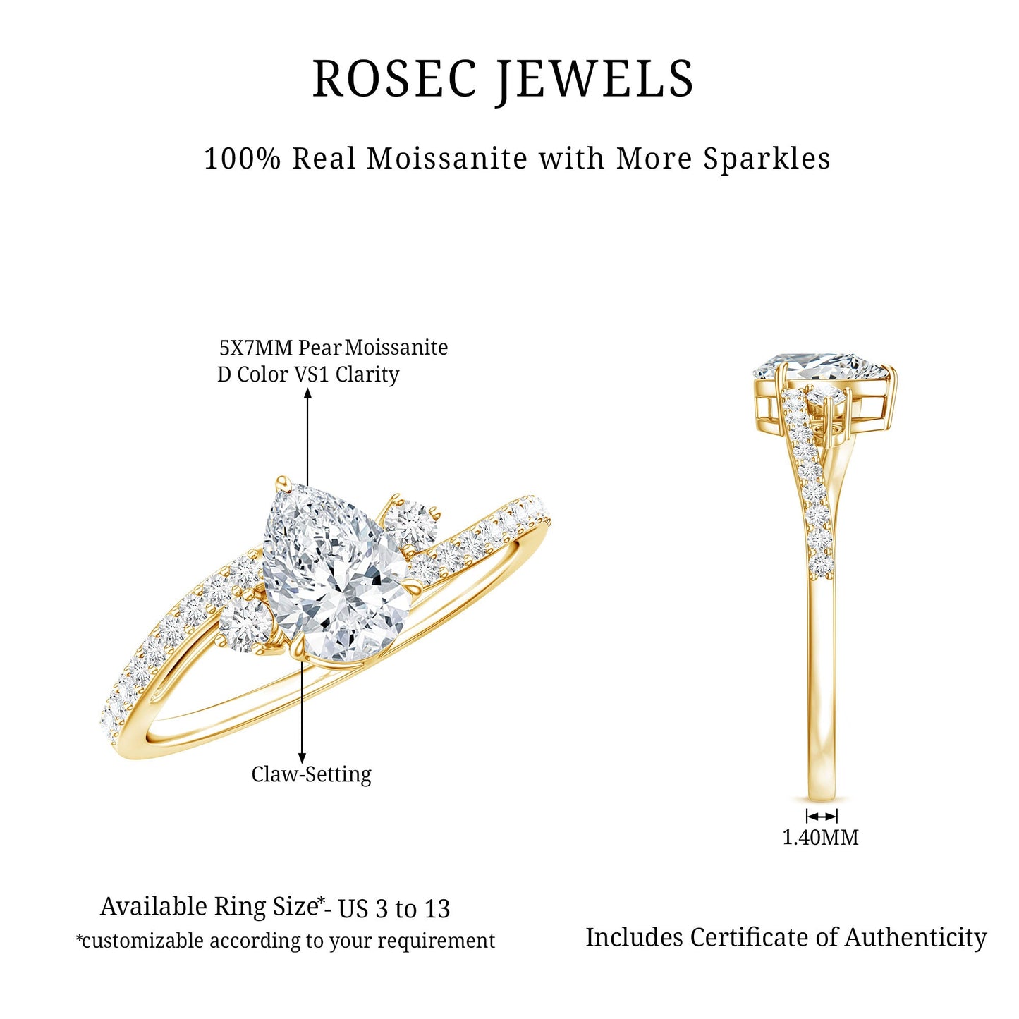 Pear Cut Moissanite Bypass Engagement Ring with Side Stones