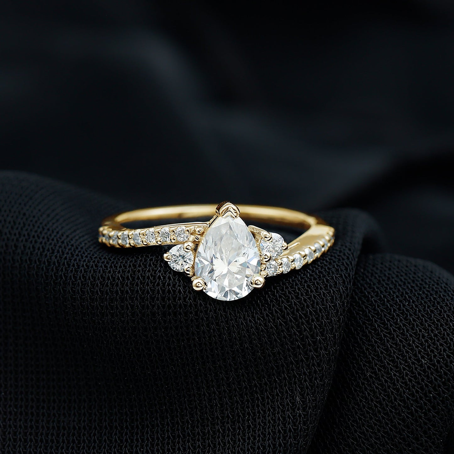 Pear Cut Moissanite Bypass Engagement Ring with Side Stones