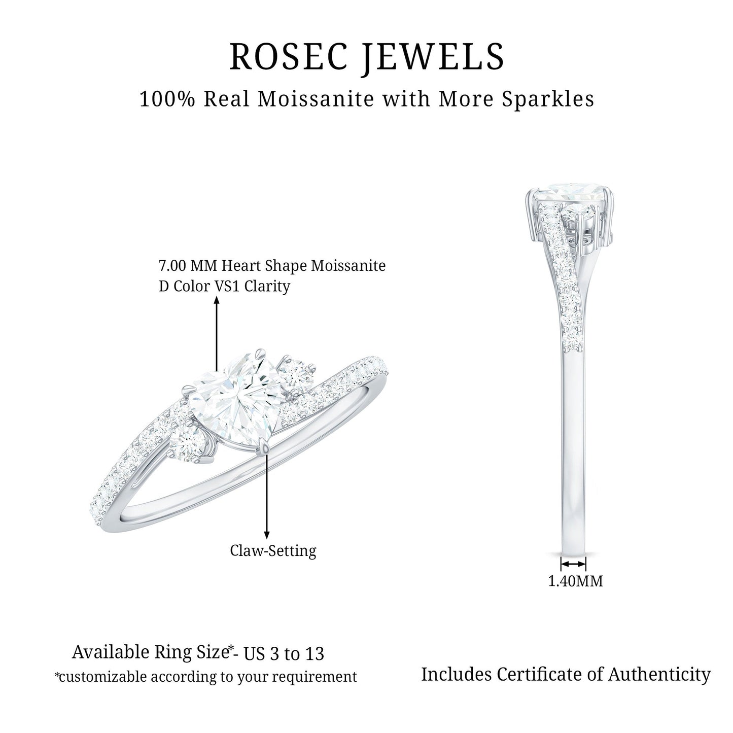Heart Shape Moissanite Bypass Engagement Ring for Her