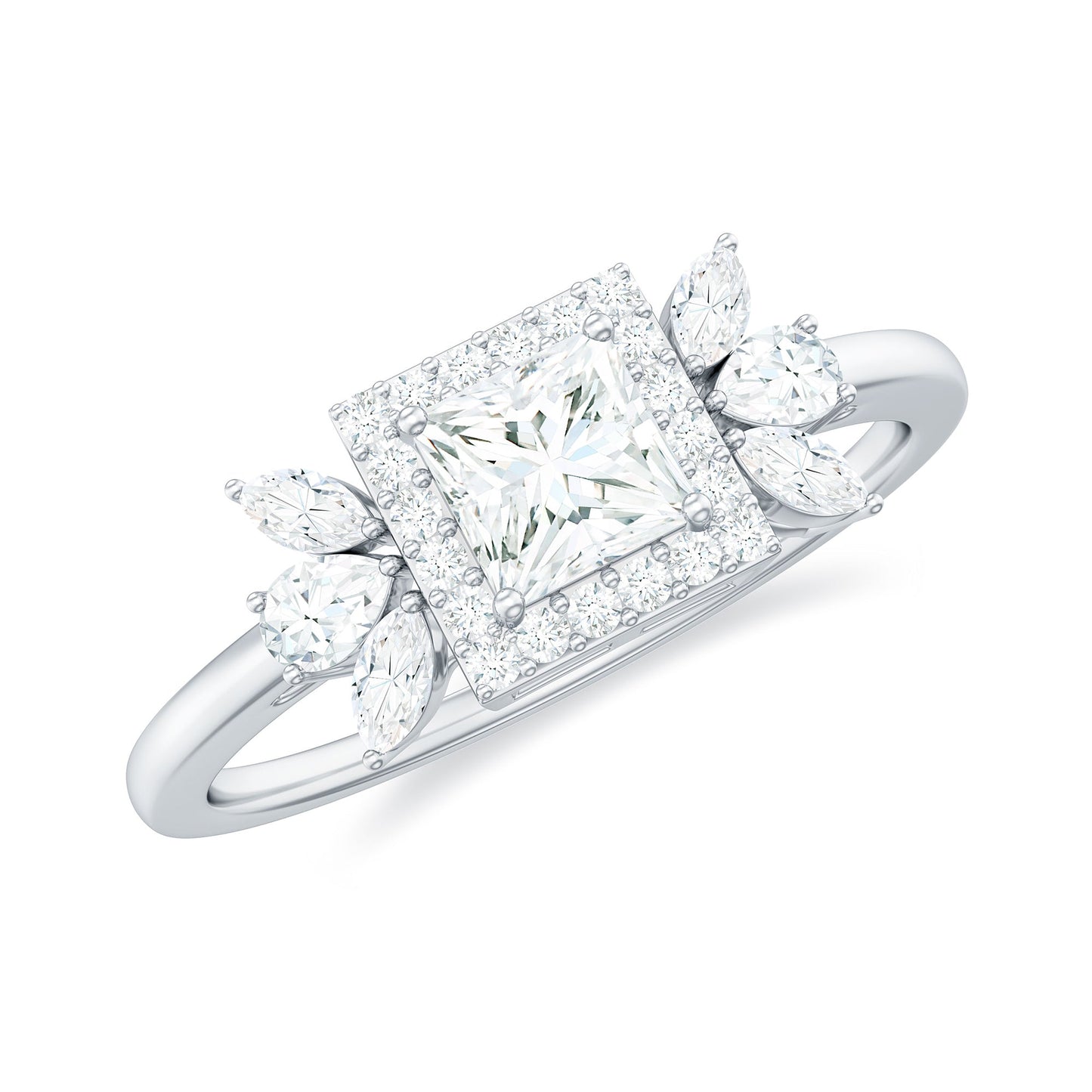 Princess Cut Moissanite Halo Engagement Ring with Certificate