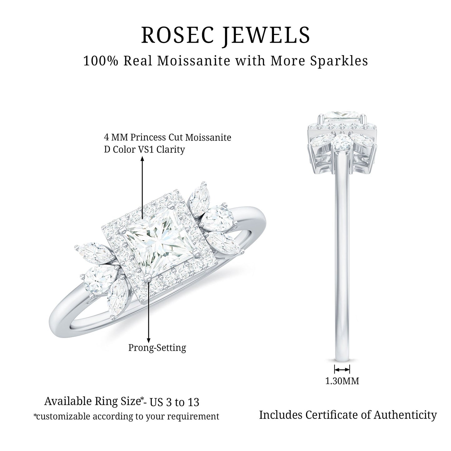 Princess Cut Moissanite Halo Engagement Ring with Certificate