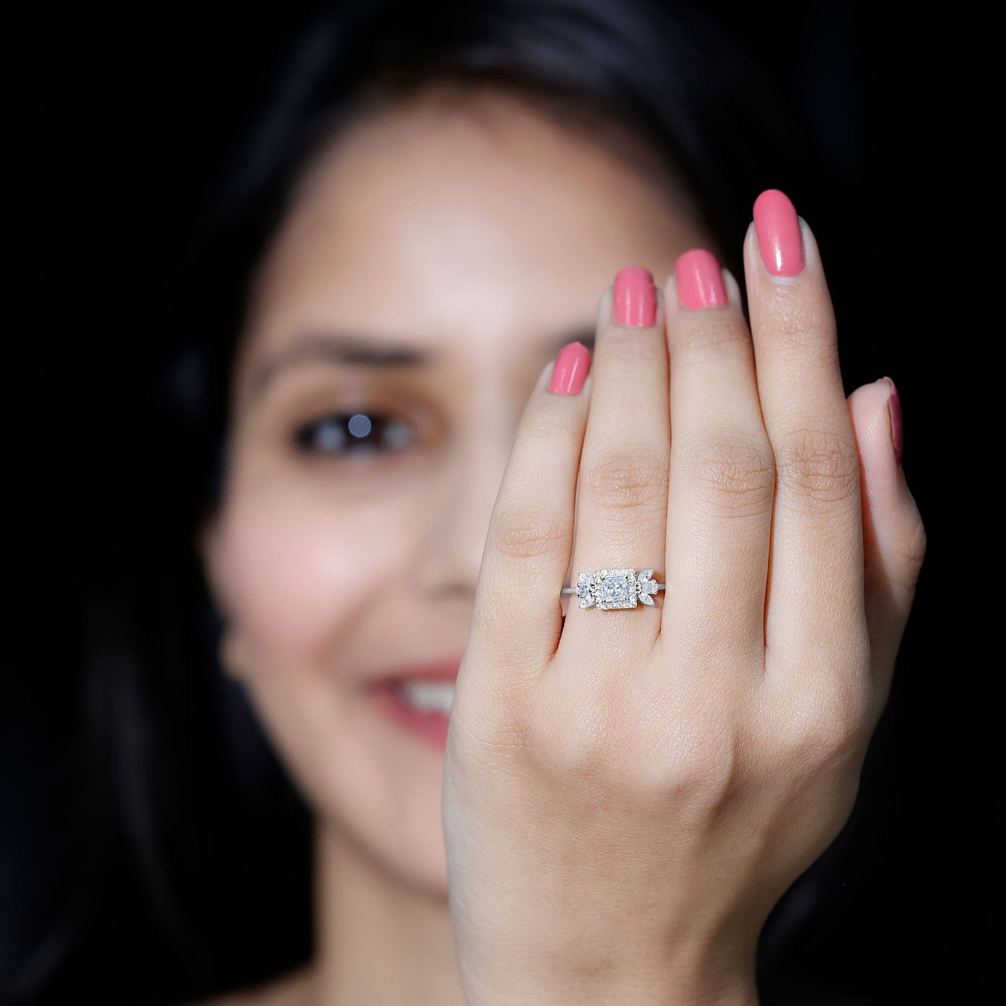 Princess Cut Moissanite Halo Engagement Ring with Certificate