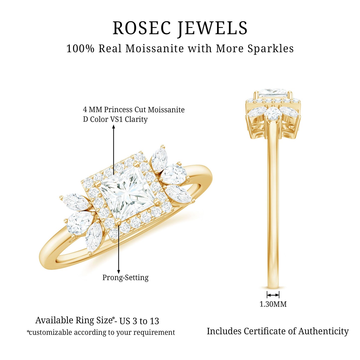 Princess Cut Moissanite Halo Engagement Ring with Certificate
