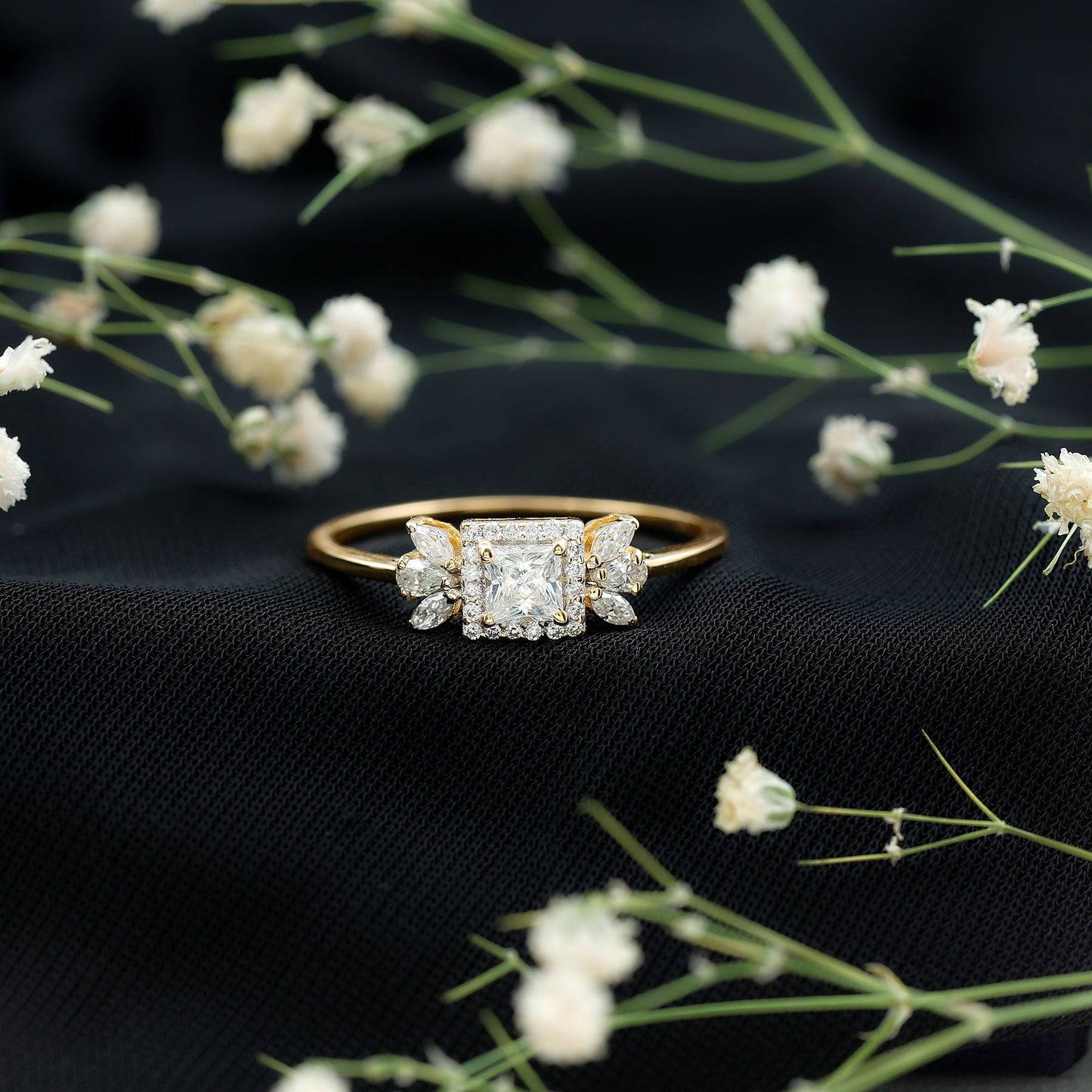 Princess Cut Moissanite Halo Engagement Ring with Certificate