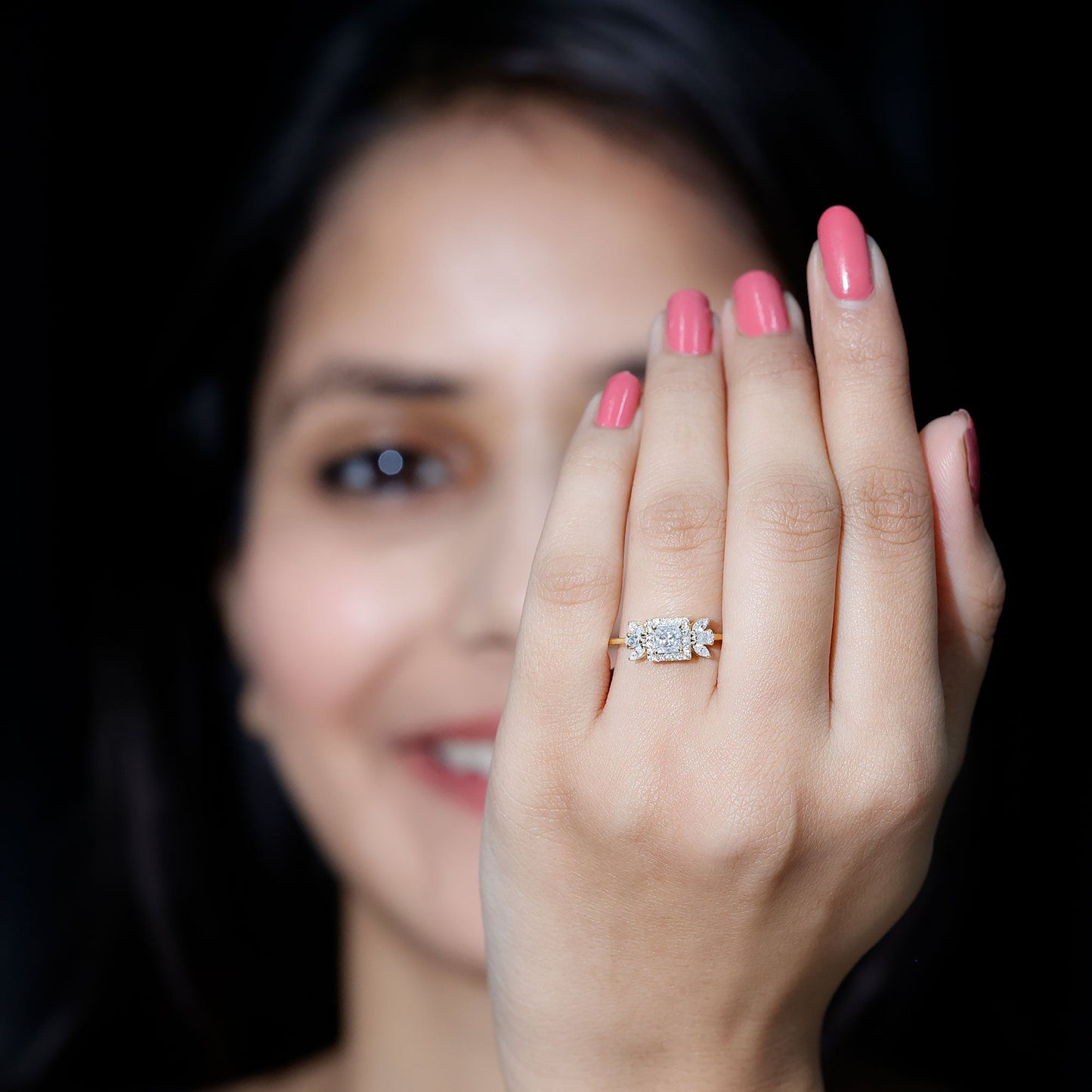 Princess Cut Moissanite Halo Engagement Ring with Certificate