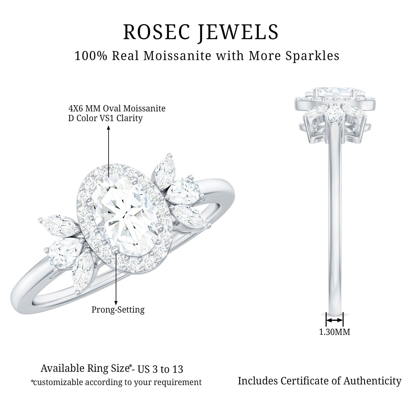 0.4 Carat Oval Cut Moissanite Halo Engagement Ring with Trio