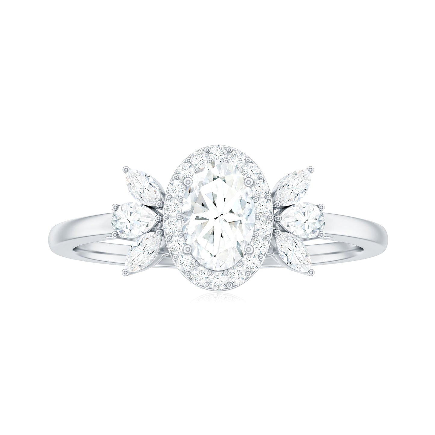 0.4 Carat Oval Cut Moissanite Halo Engagement Ring with Trio
