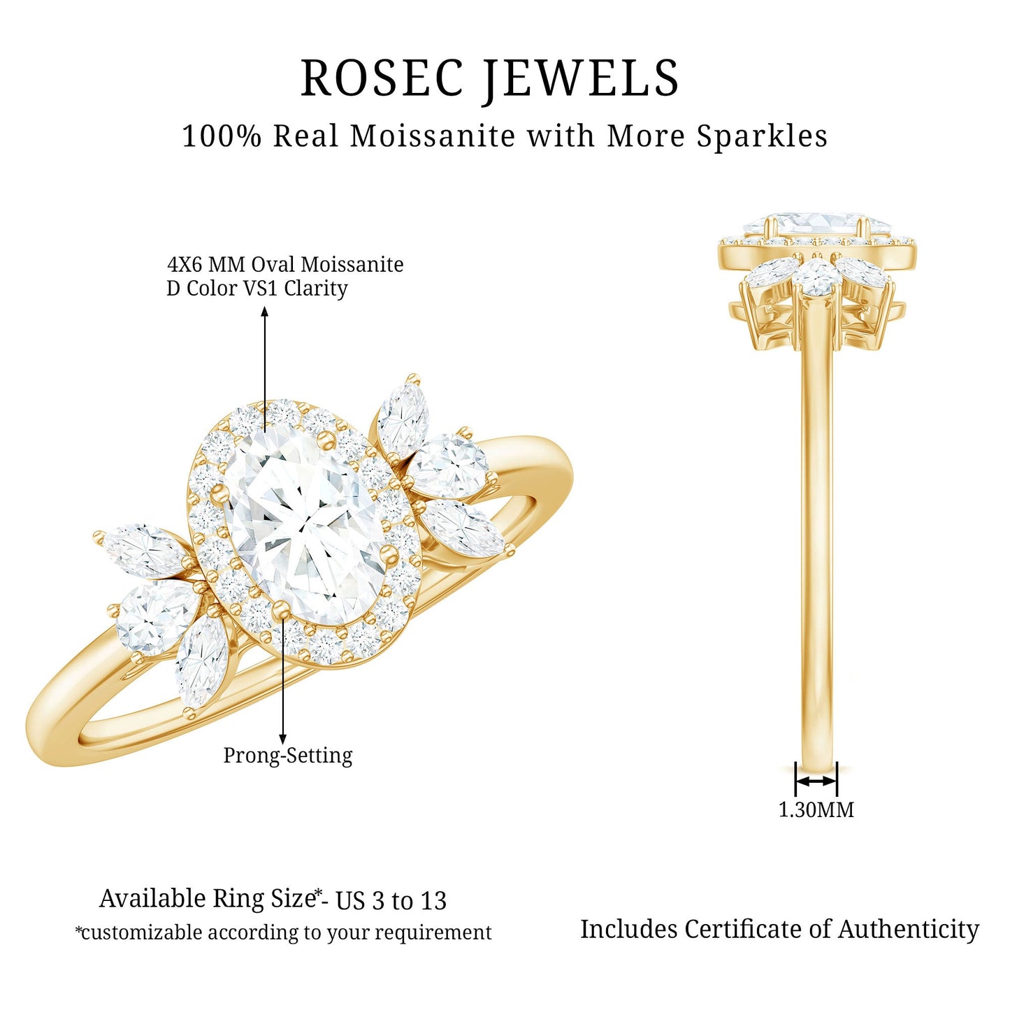 0.4 Carat Oval Cut Moissanite Halo Engagement Ring with Trio