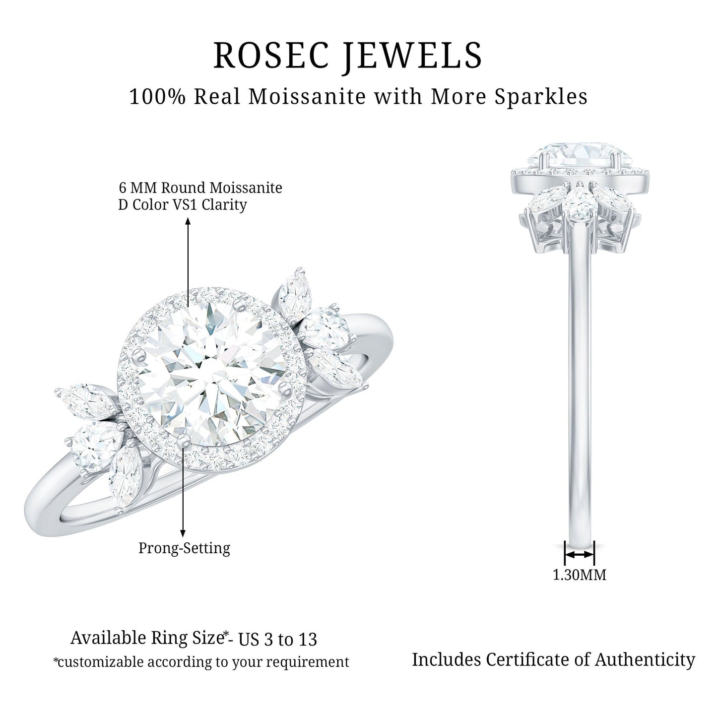 0.9 Carat Round Shape Moissanite Designer Halo Engagement Ring