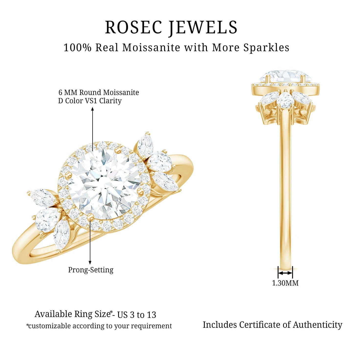 0.9 Carat Round Shape Moissanite Designer Halo Engagement Ring
