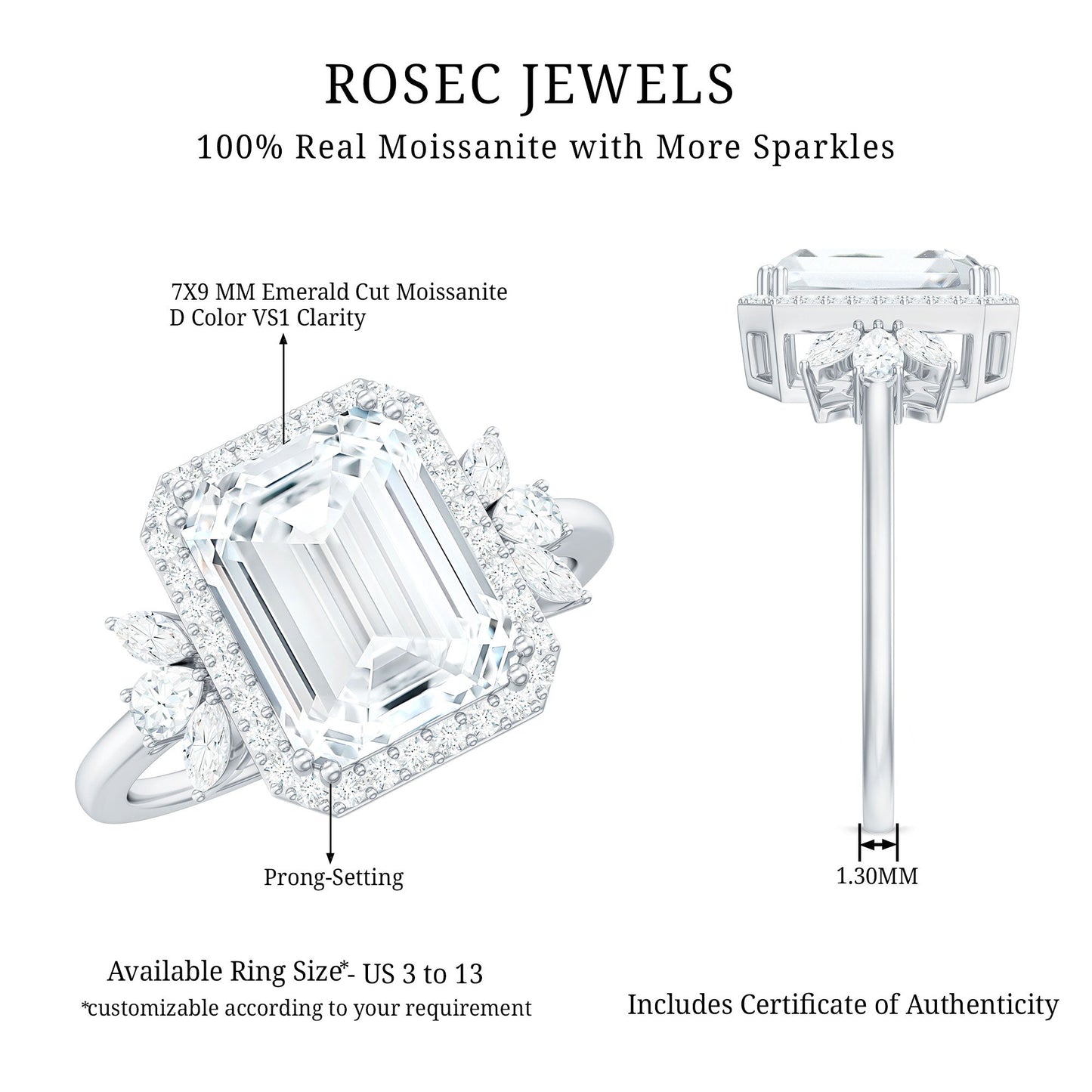 2.8 Carat Emerald Cut Certified Moissanite Statement Engagement Ring