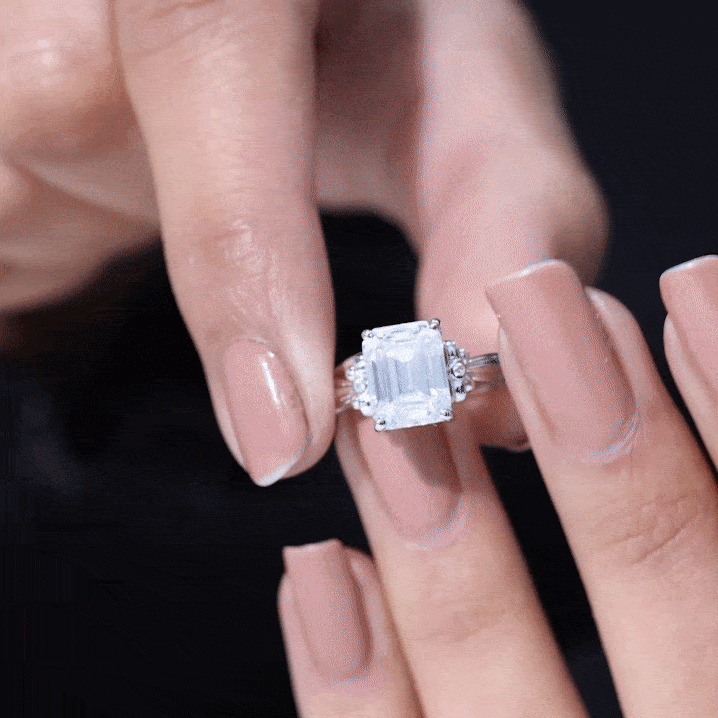 Certified Emerald Cut Moissanite Huge Engagement Ring