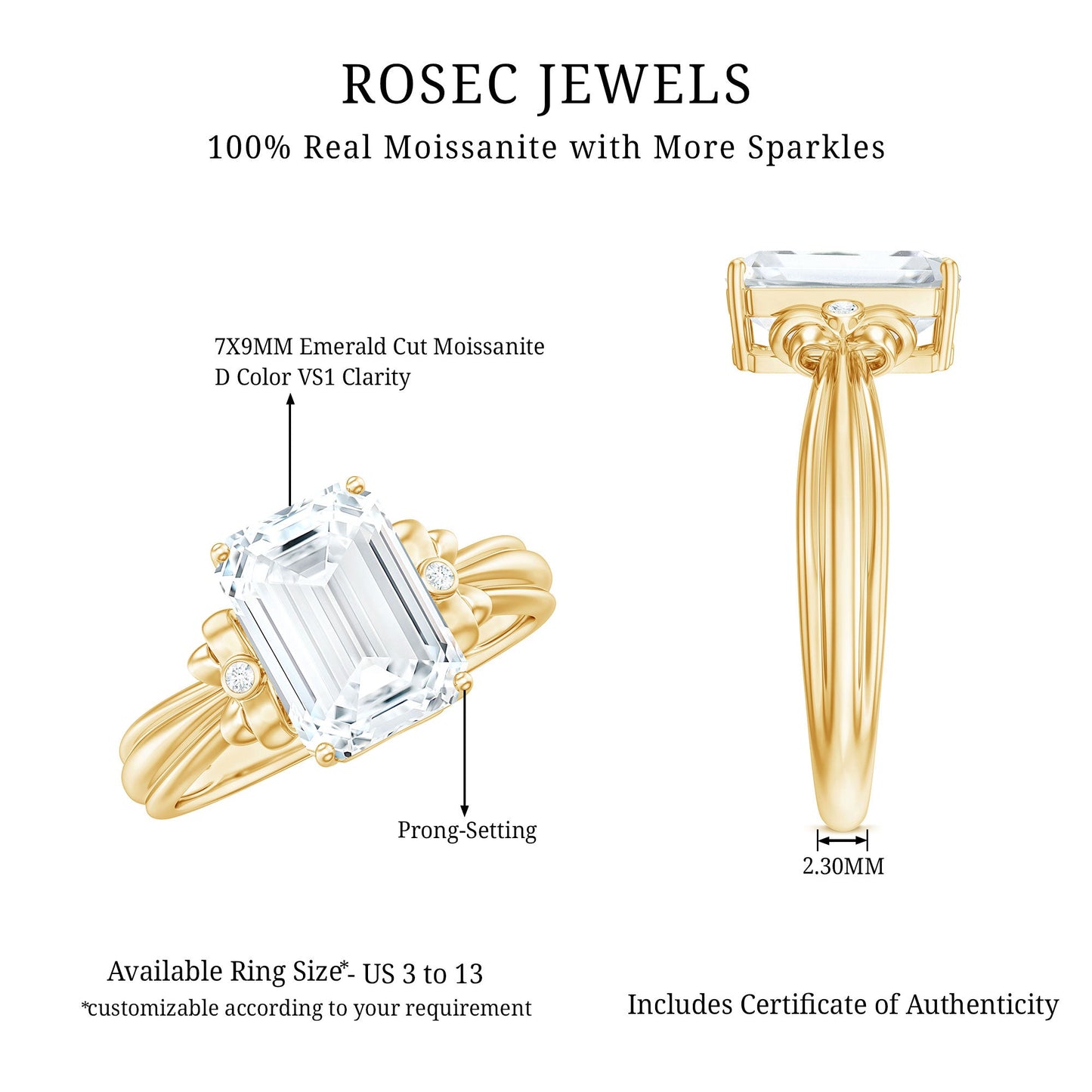 Certified Emerald Cut Moissanite Huge Engagement Ring
