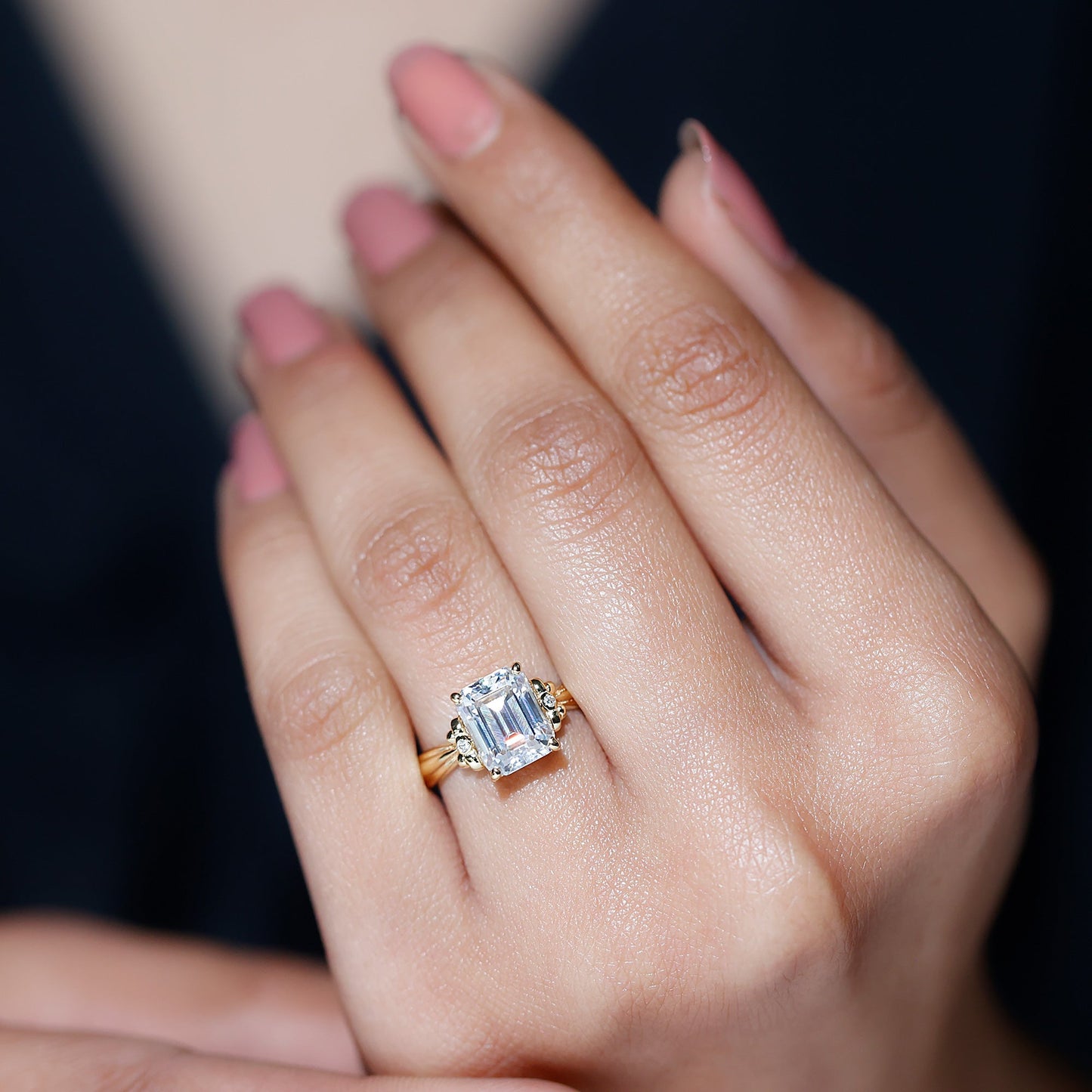 Certified Emerald Cut Moissanite Huge Engagement Ring