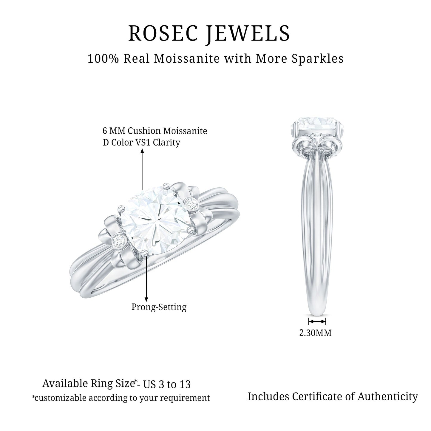 1.7 Carat Cushion Cut Moissanite Designer Solitaire Ring with Engraved Shank