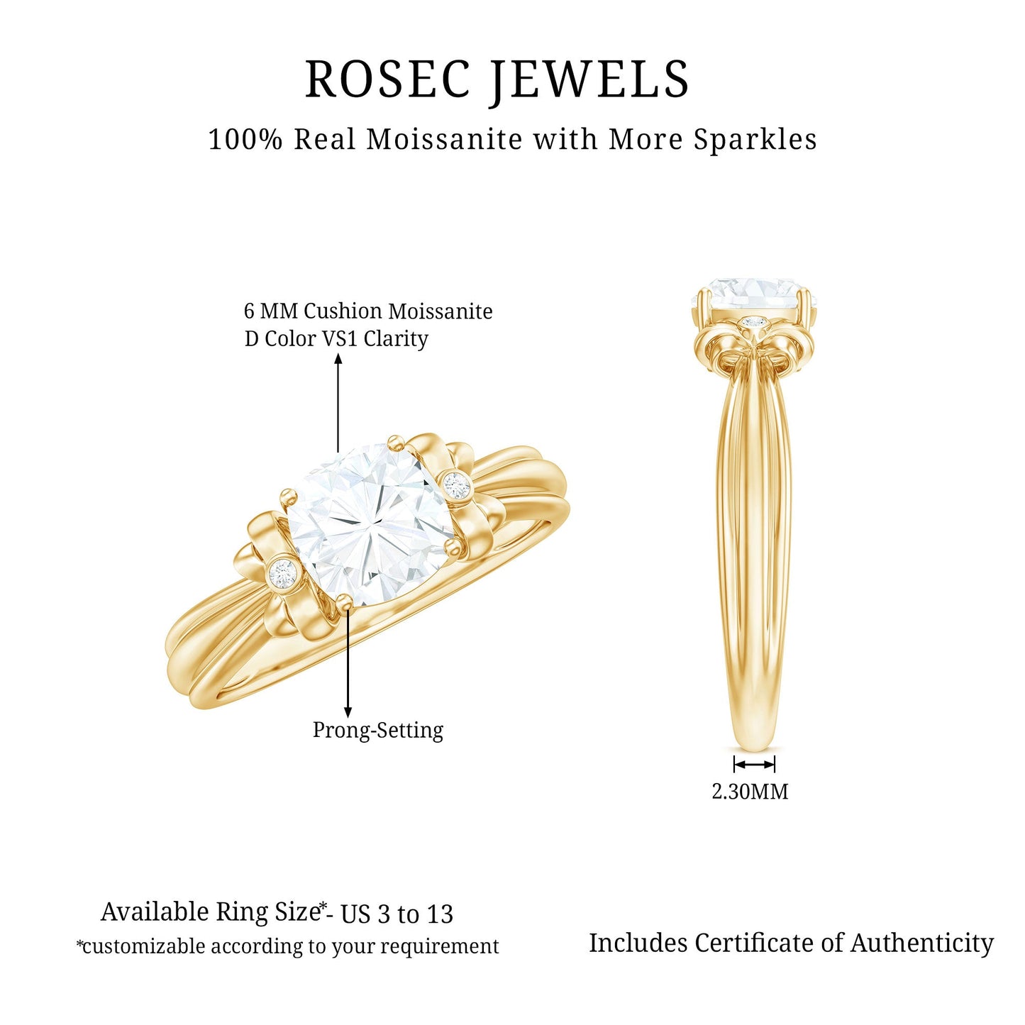 1.7 Carat Cushion Cut Moissanite Designer Solitaire Ring with Engraved Shank