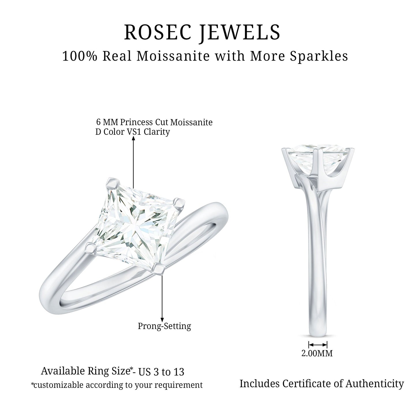 Princess Cut Moissanite Solitaire Bypass Promise Ring in Gold
