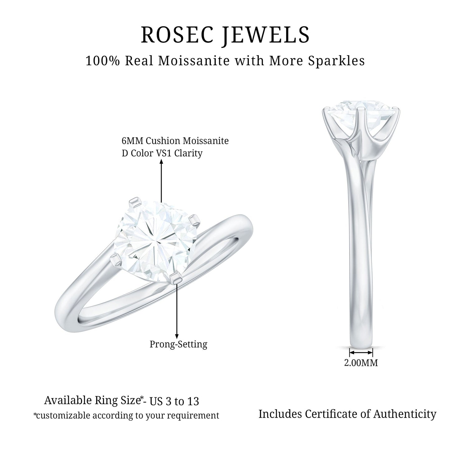 1.7 Carat Cushion Cut Moissanite Bypass Engagement Ring