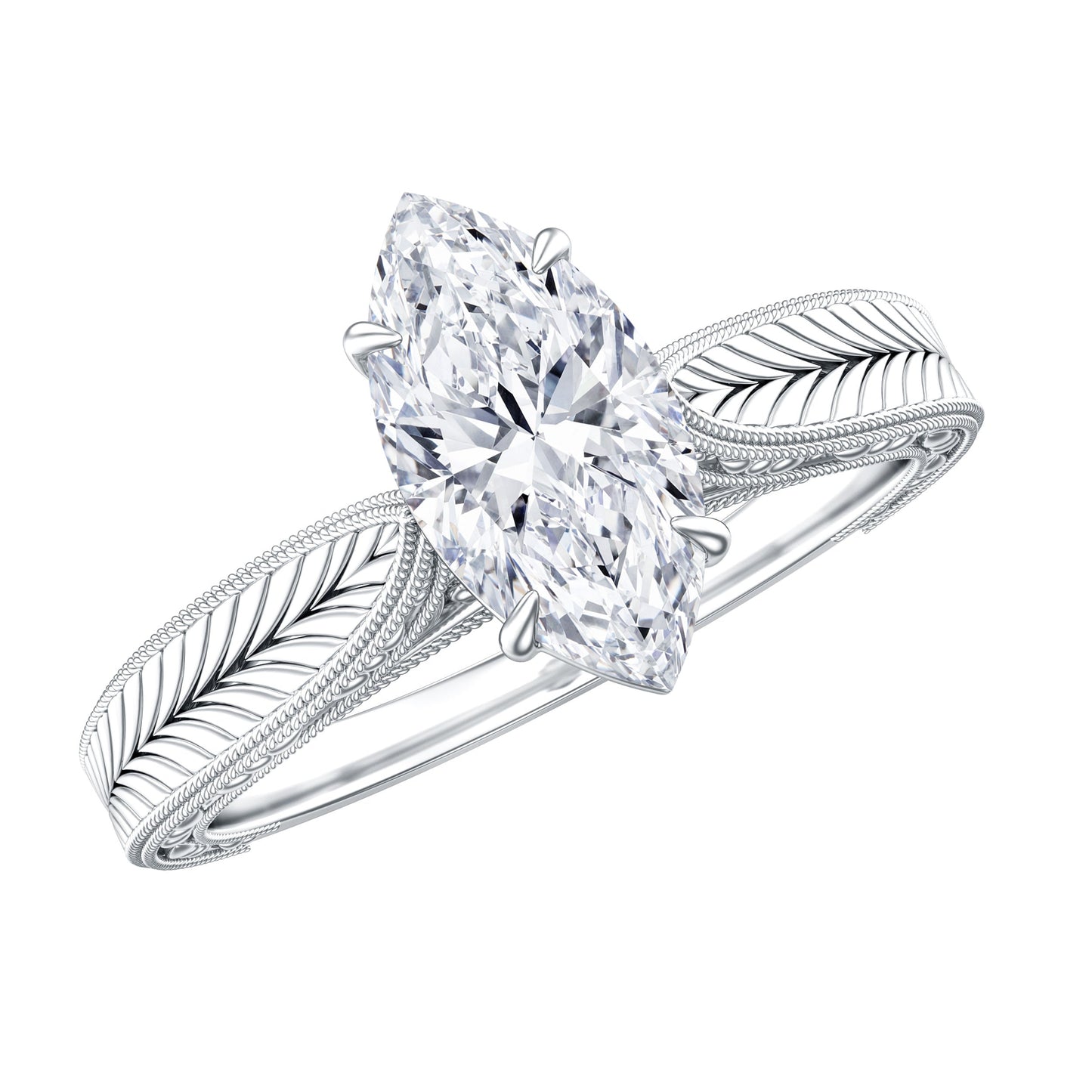 1 Carat Moissanite Marquise Engagement Ring with Leaf Engraved Shank