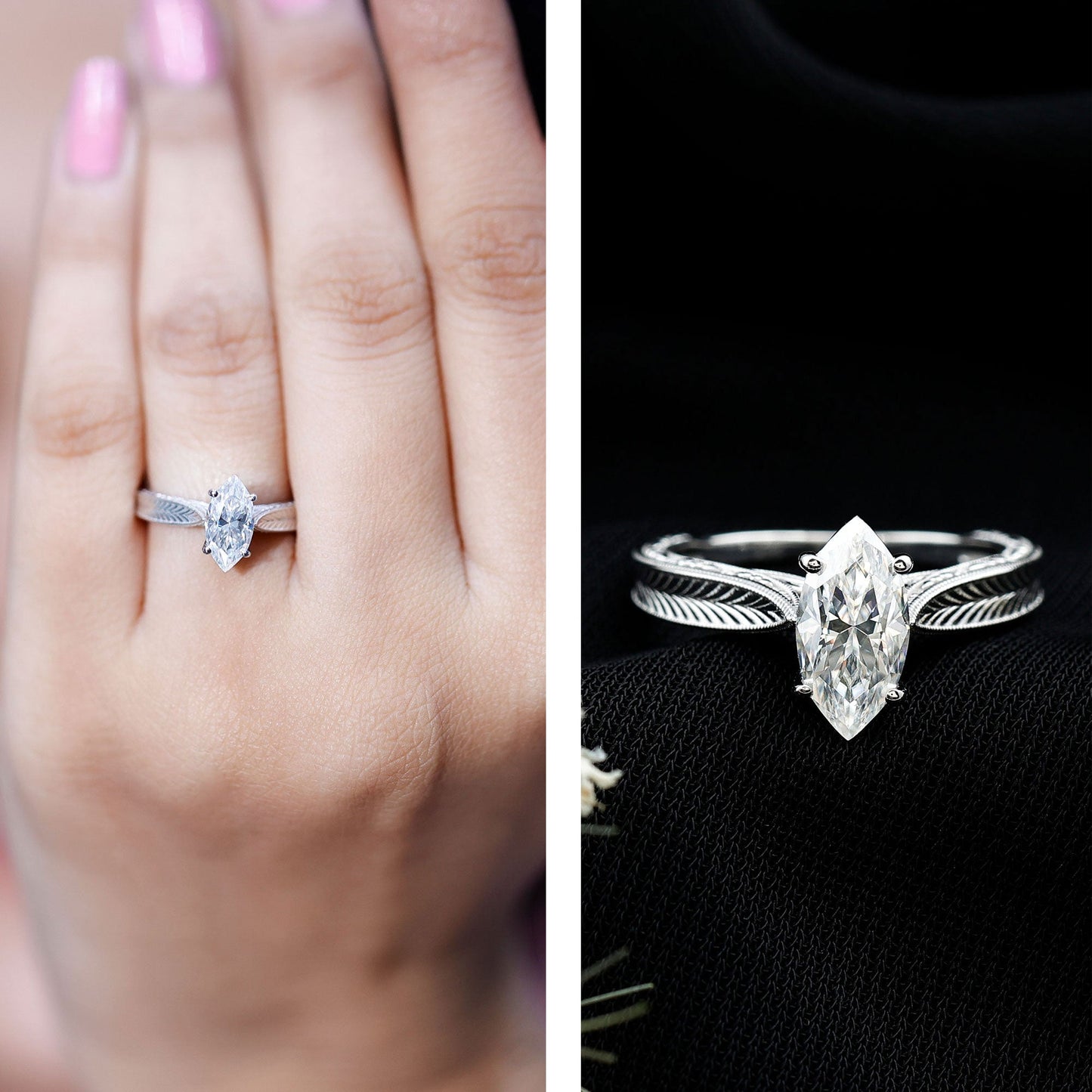 1 Carat Moissanite Marquise Engagement Ring with Leaf Engraved Shank