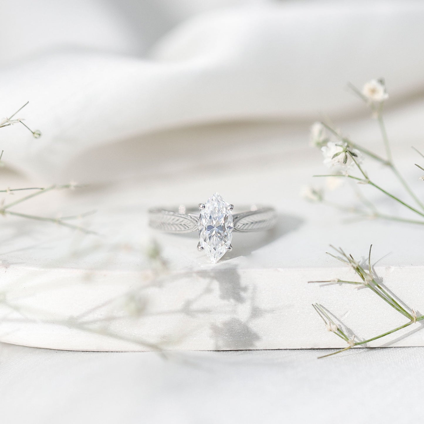 1 Carat Moissanite Marquise Engagement Ring with Leaf Engraved Shank