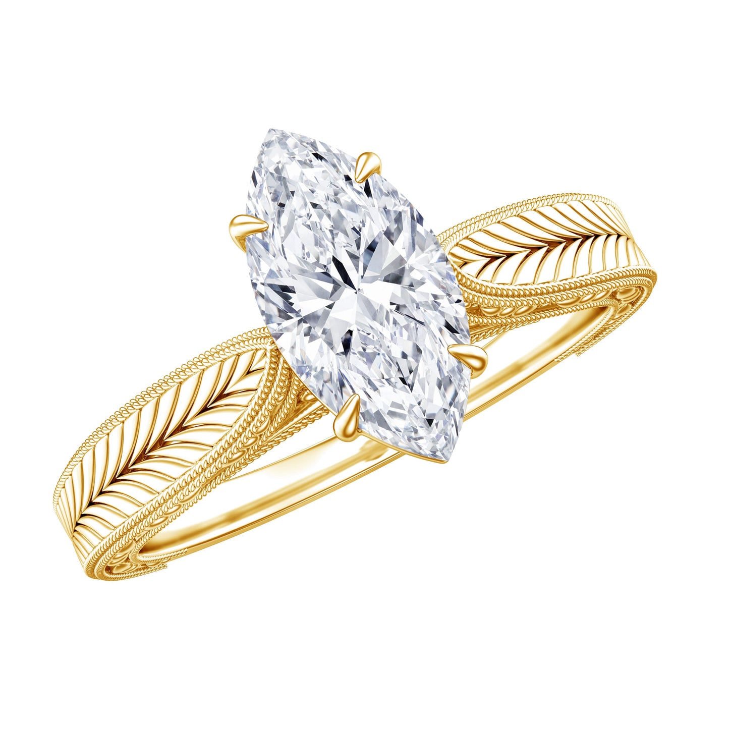 1 Carat Moissanite Marquise Engagement Ring with Leaf Engraved Shank