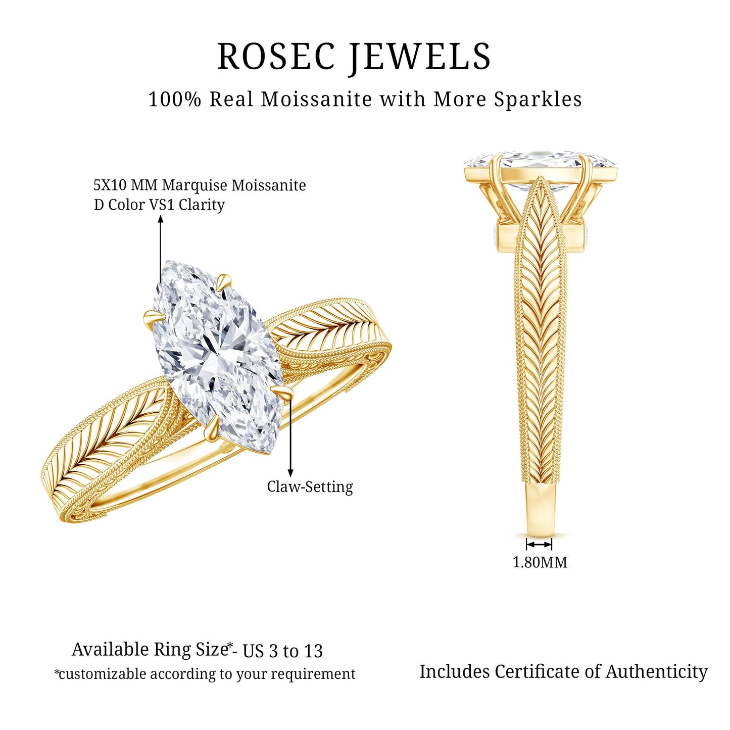 1 Carat Moissanite Marquise Engagement Ring with Leaf Engraved Shank